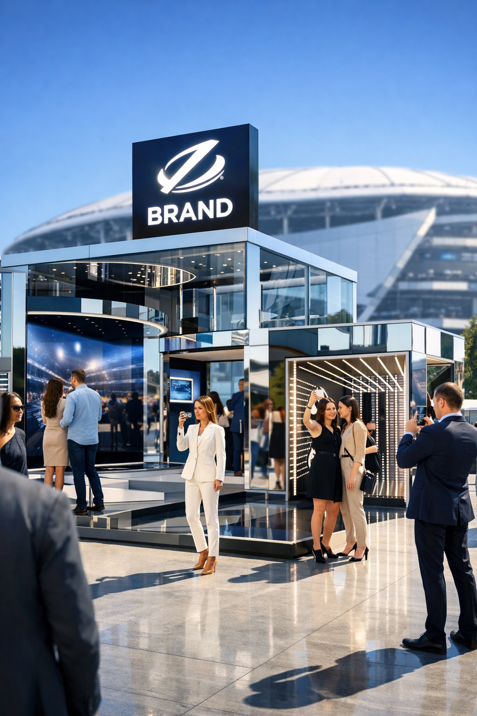 High-impact corporate brand activation installation at a Super Bowl fan plaza with interactive displays.