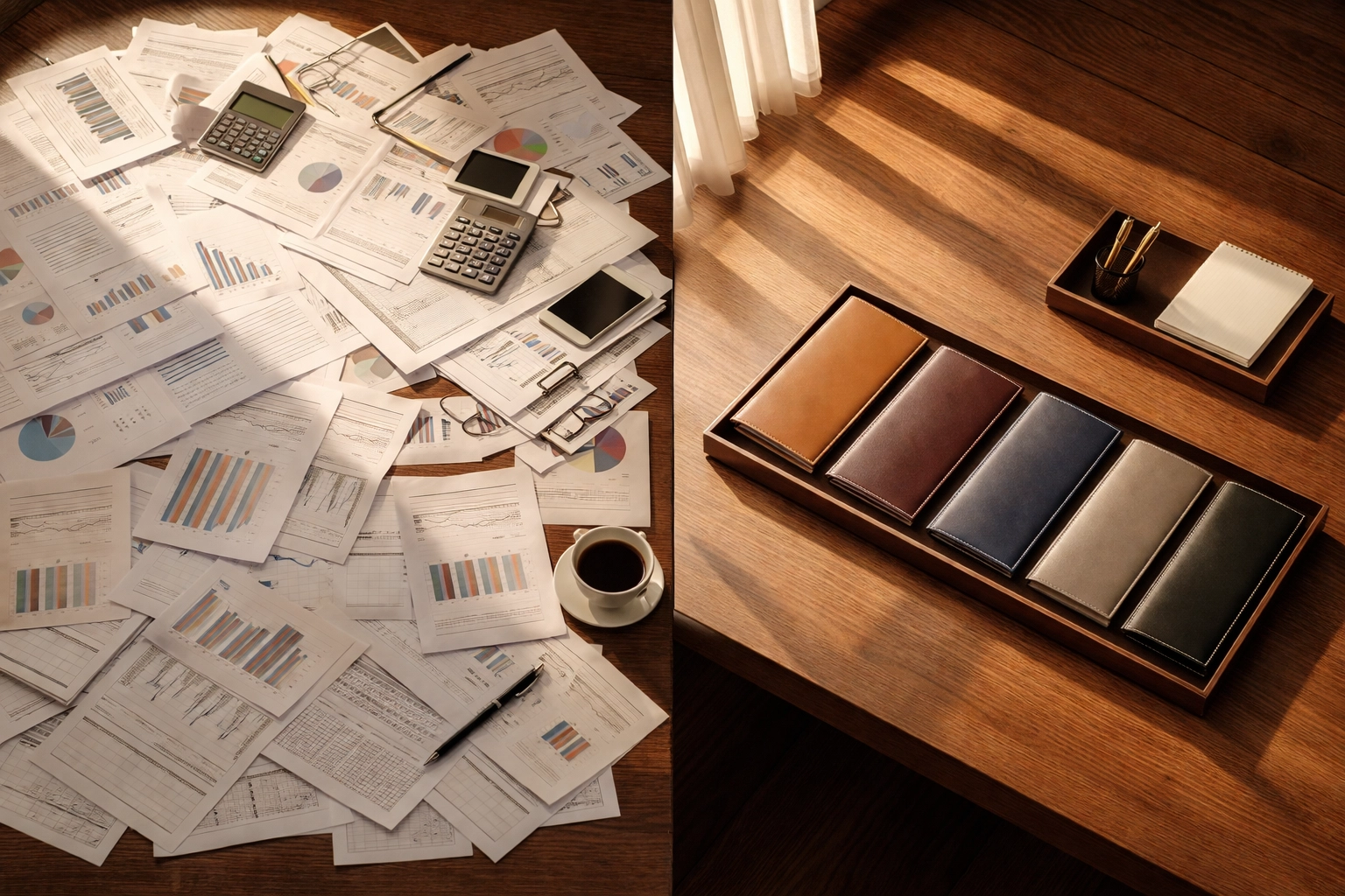 Cluttered desk overflowing with financial documents next to a neatly organized area, showing portfolio simplification