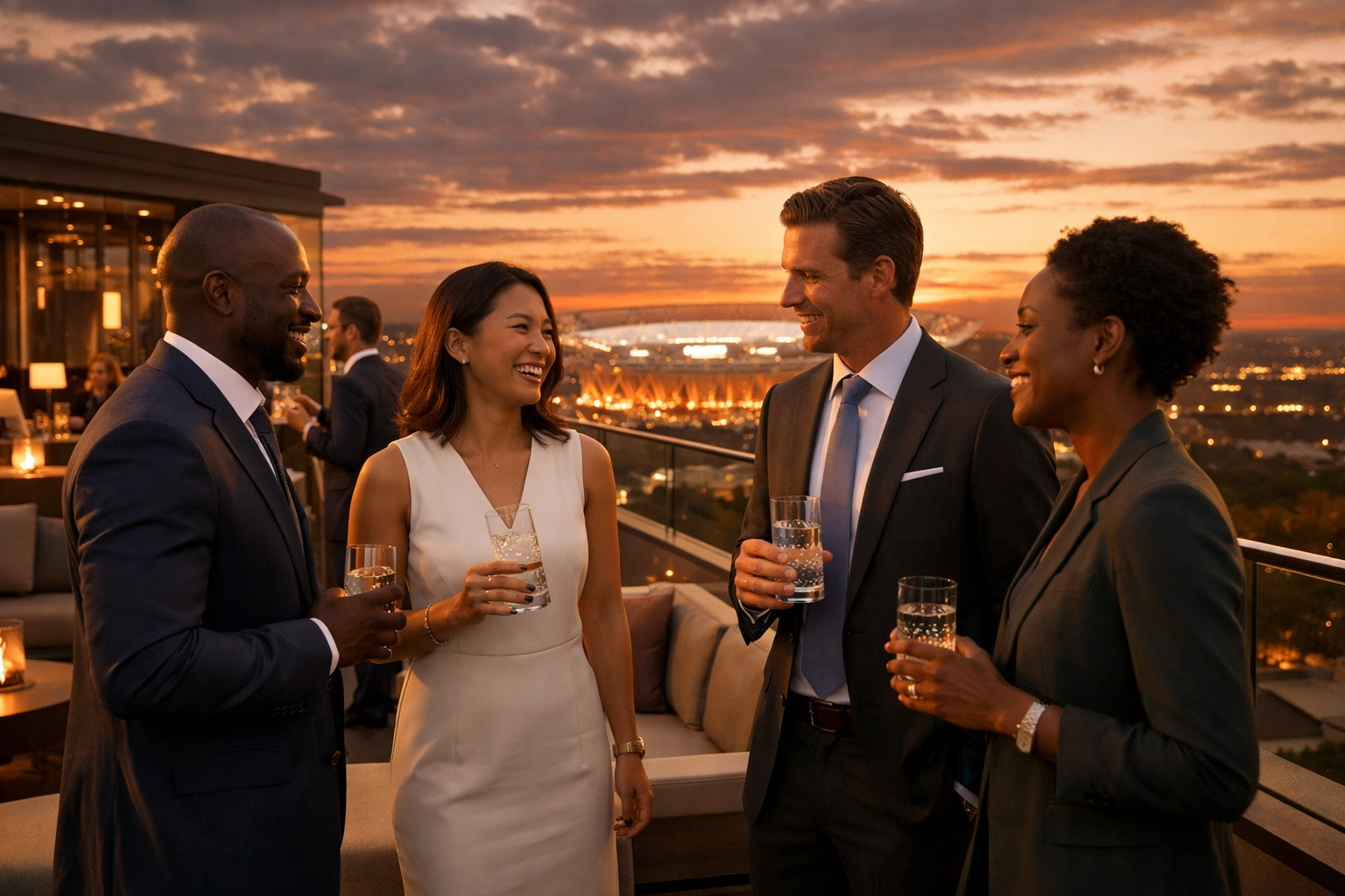 Executives networking at a luxury rooftop hospitality lounge overlooking a sports stadium.