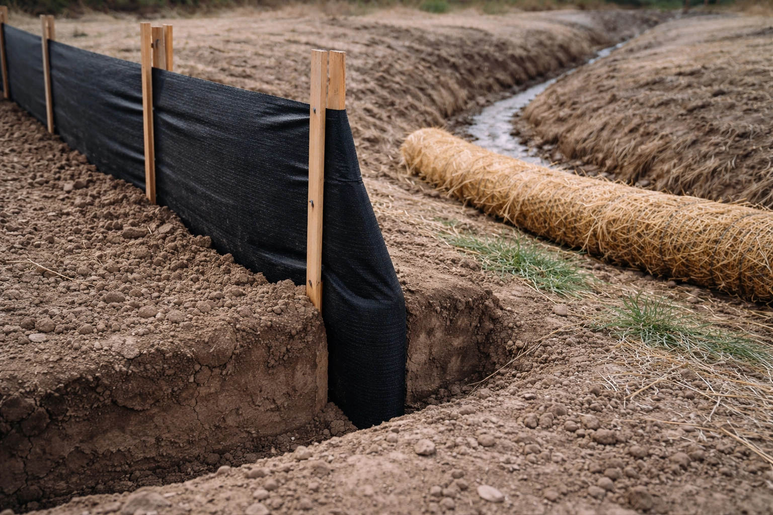 Properly trenched silt fence detail and sediment control in drainage swale