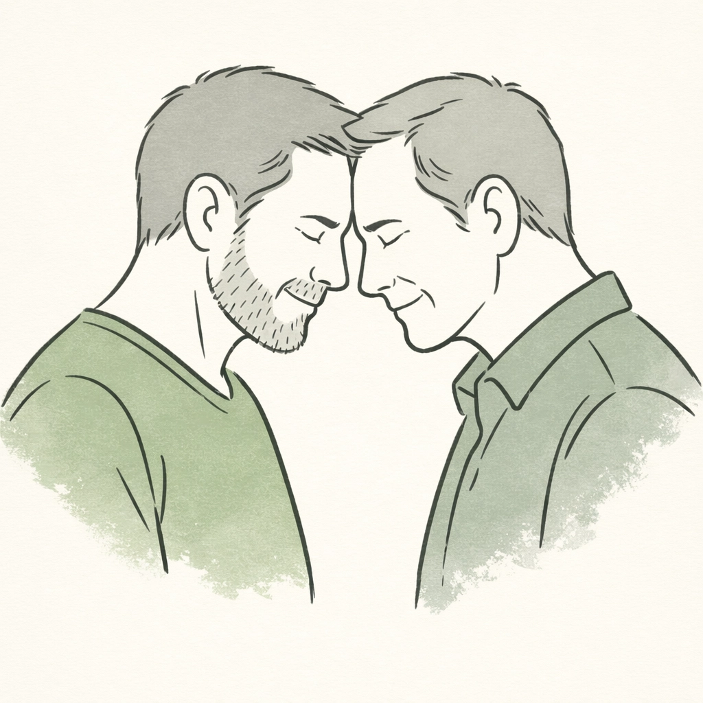 Mature gay men sharing an emotional moment of courage and discovery in a hand-drawn illustration.