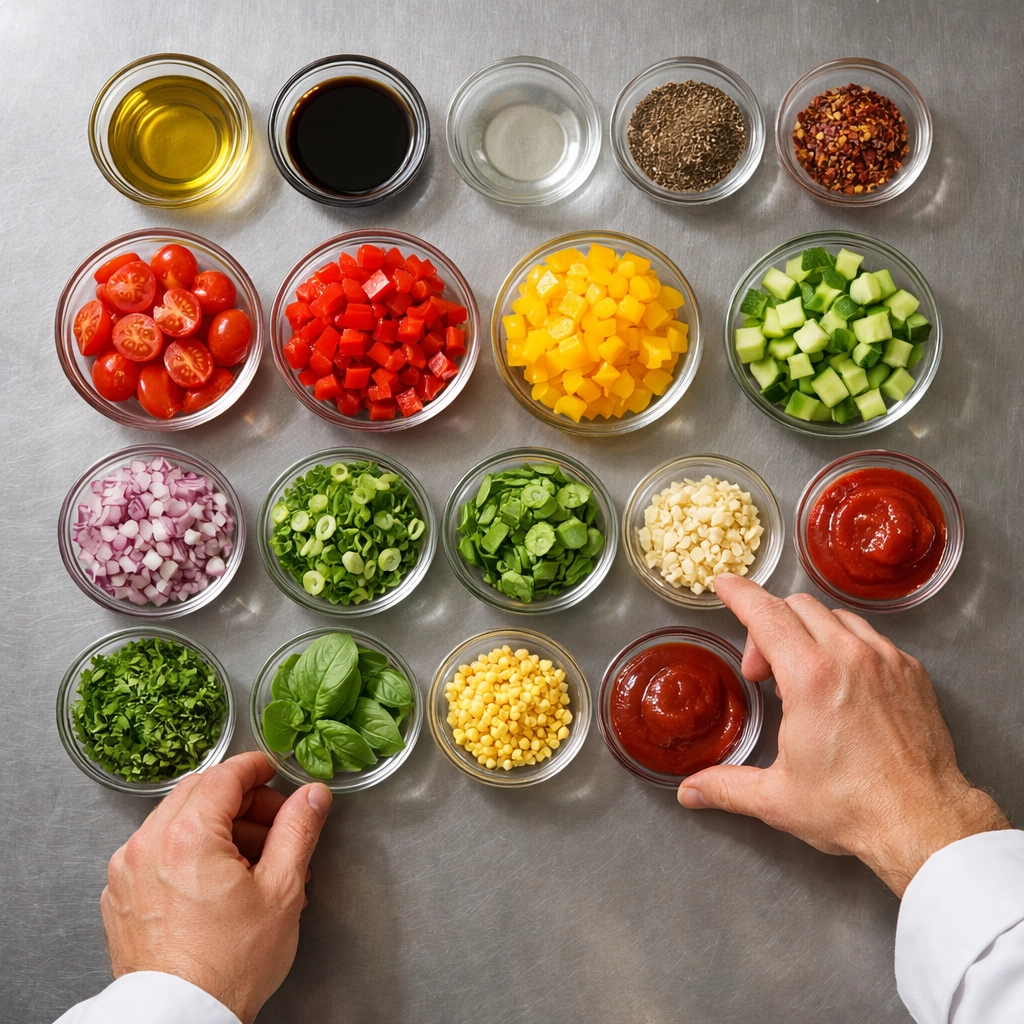 Chef organizing mise en place ingredients in prep bowls at kitchen station