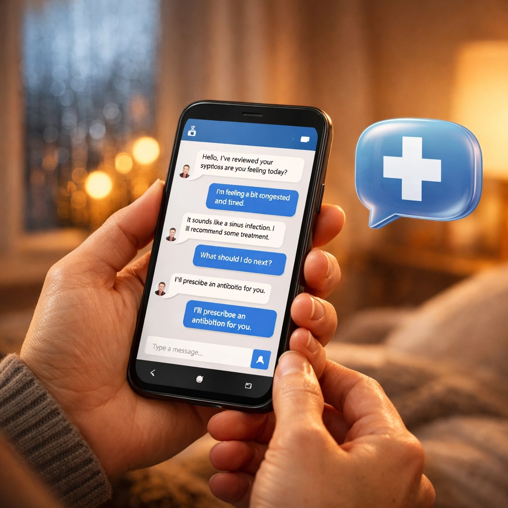 Person using secure online medical chat on a smartphone for a 24/7 telehealth consultation from home.