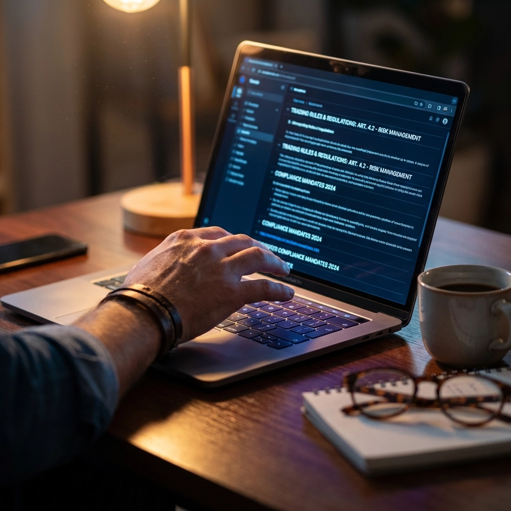Trader reviewing crypto prop firm challenge rules on a laptop, emphasizing the importance of understanding requirements