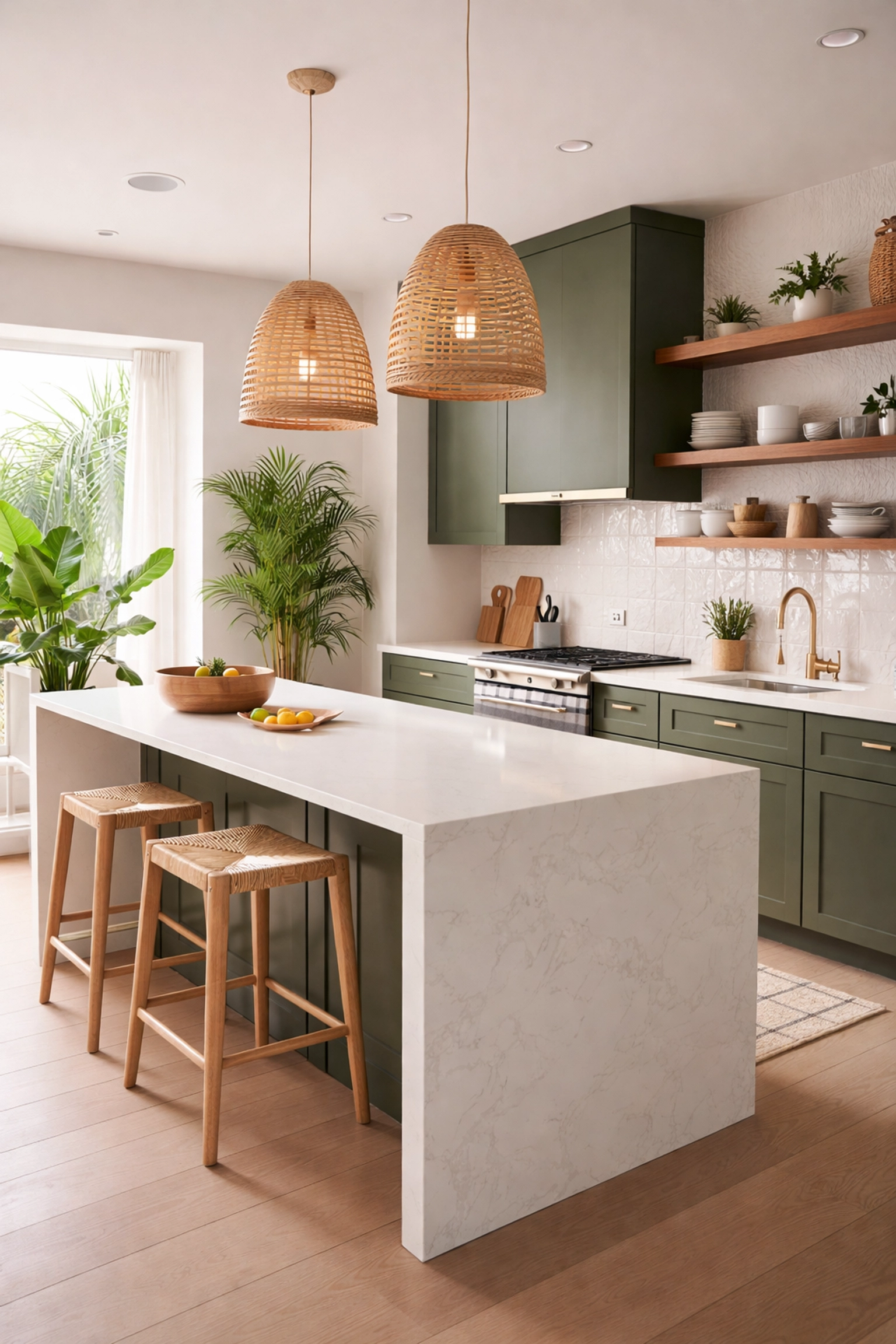 Modern Orlando kitchen showcasing 2026 design trends with green cabinetry and natural wood accents