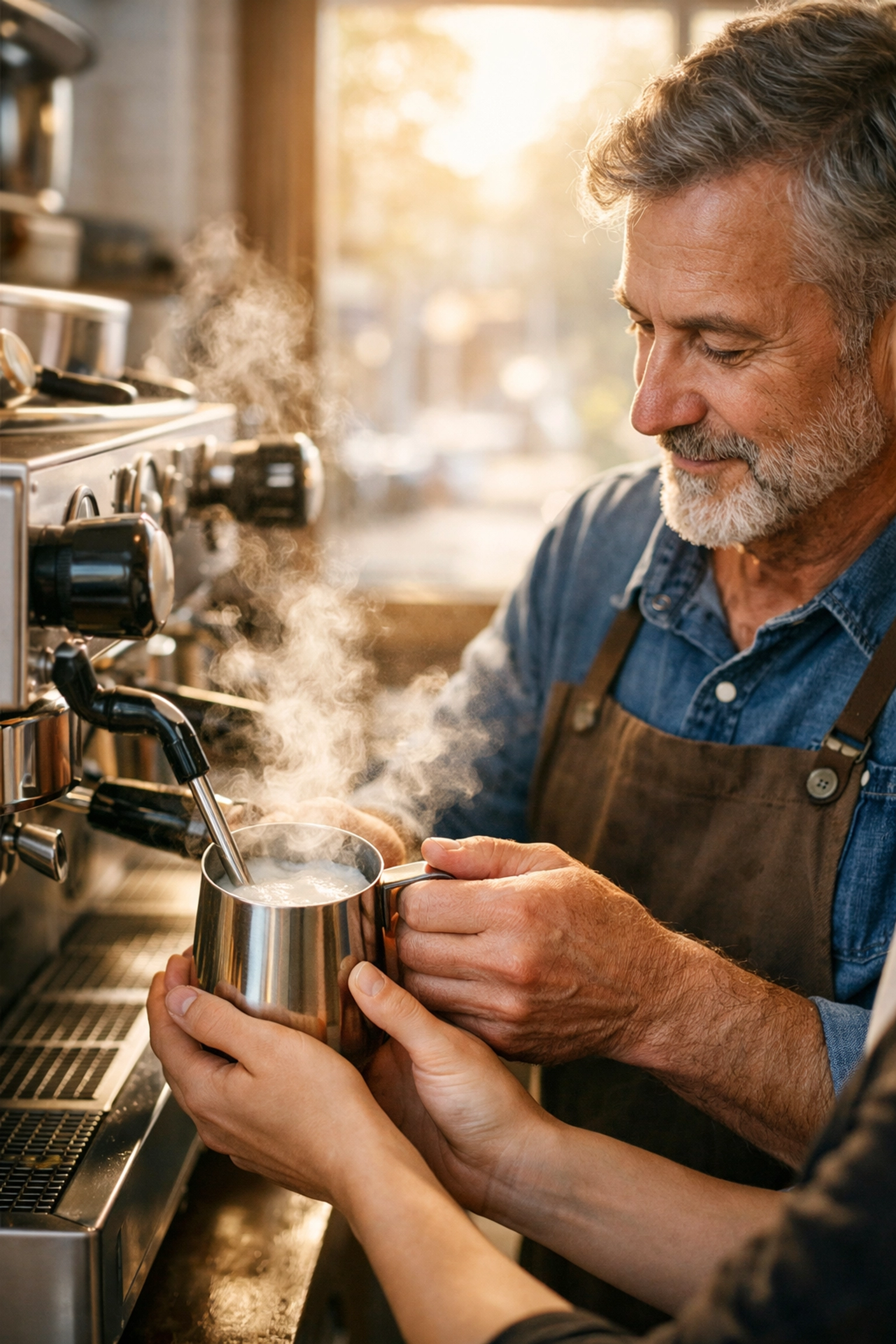 Barista trainer teaching a student how to steam milk for specialty coffee on a professional machine.