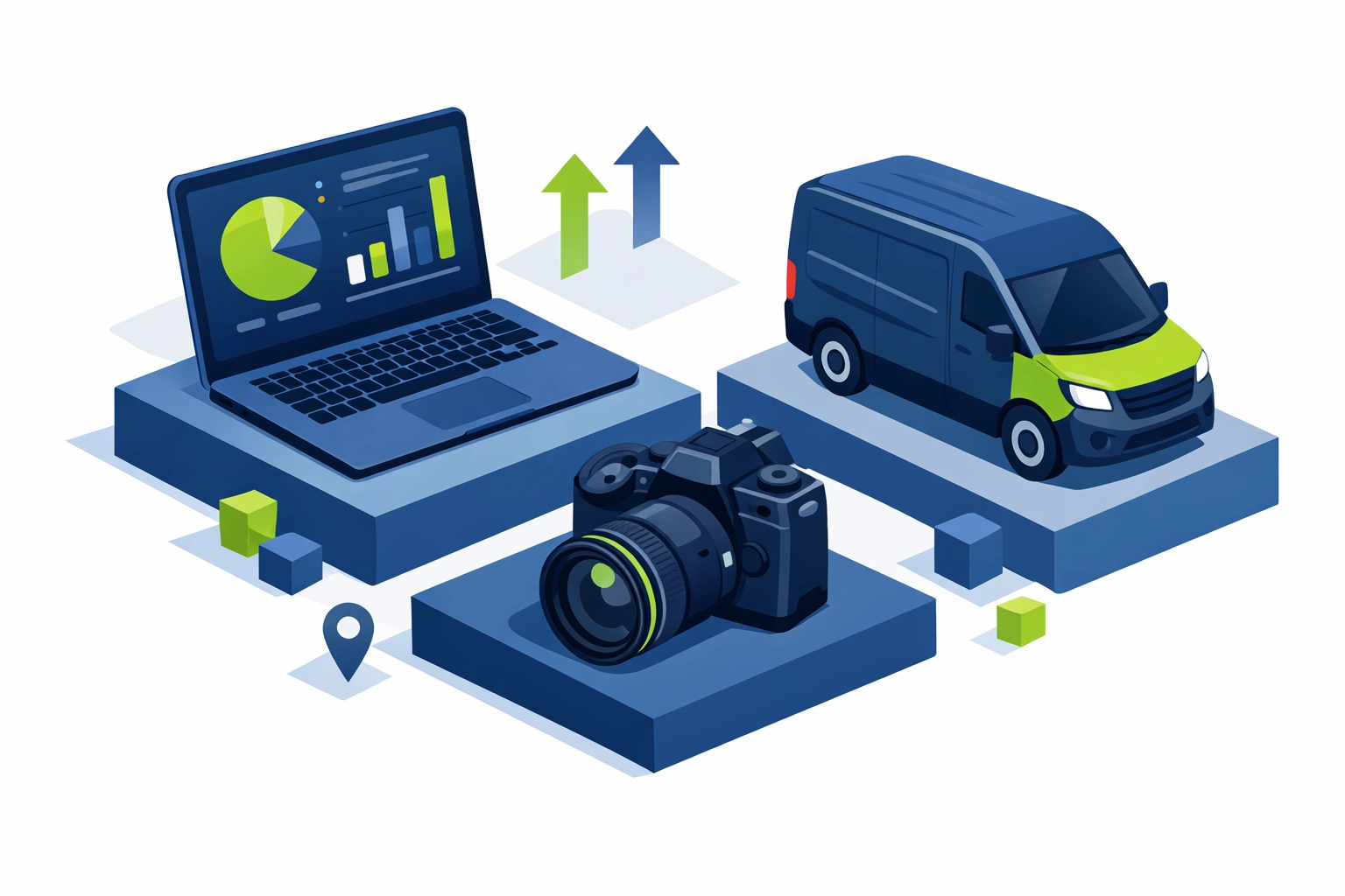 Illustration of small business assets like a laptop and van for Section 179 tax deductions.