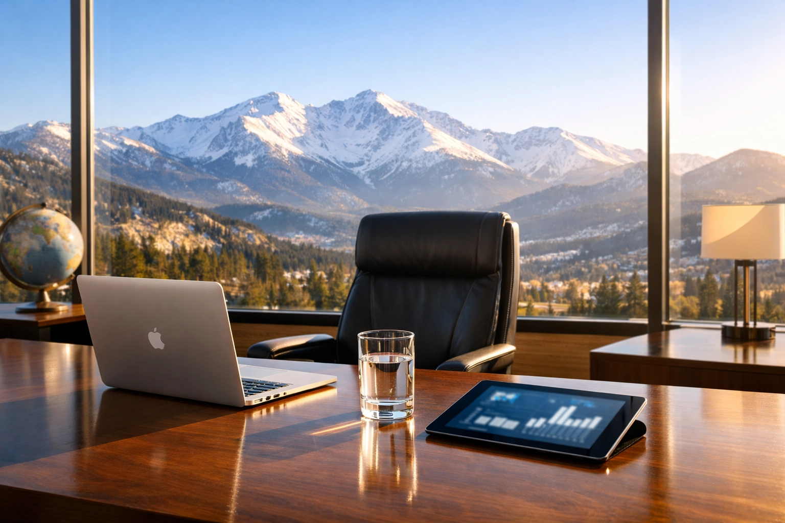 Modern Colorado office overlooking mountains, representing Dakdan Worldwide's 9 AM media autopilot start.