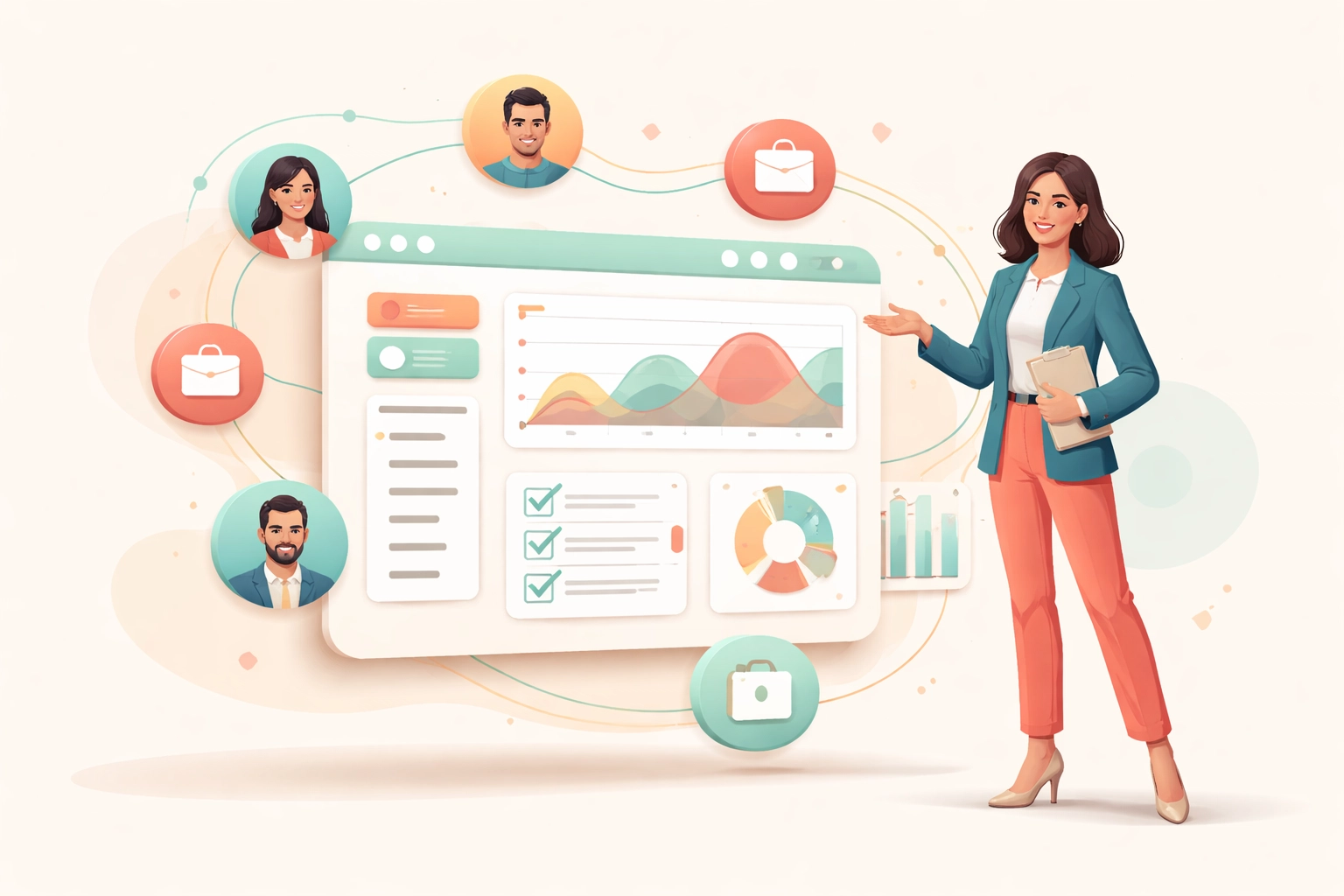 Modern dashboard view showing connected HR, CRM, and project data, with a professional demonstrating unified business management.