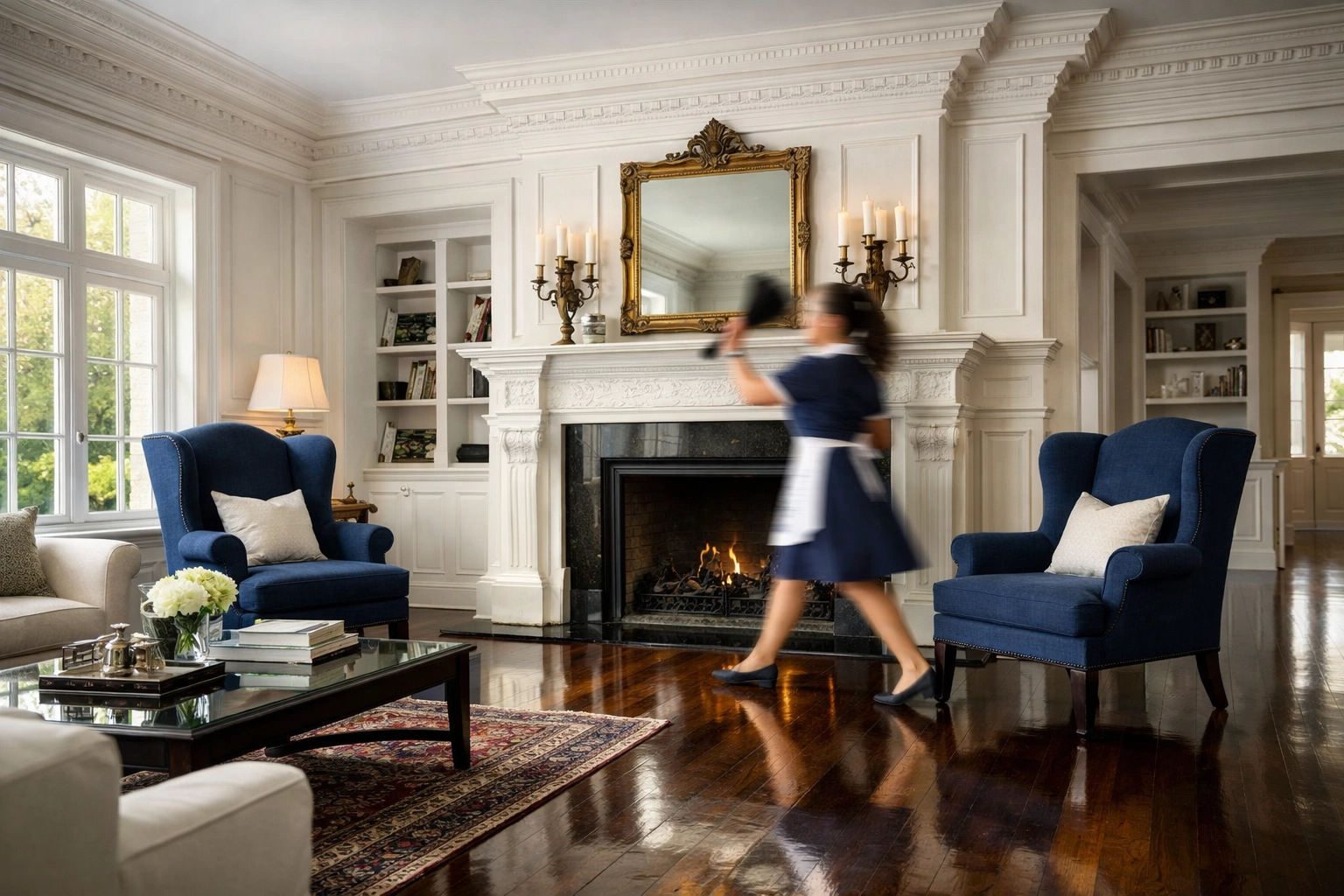 Professional house cleaning service in a luxury Hamilton estate living room with high-end finishes.