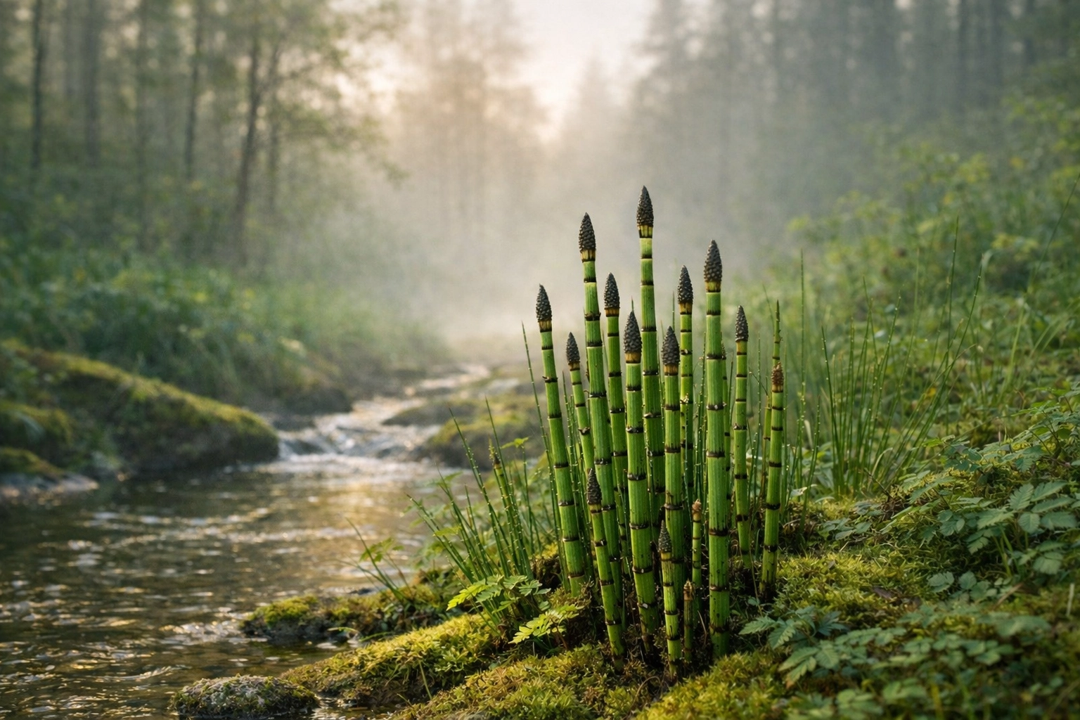 Wild horsetail growing in natural wetland habitat with segmented green stems