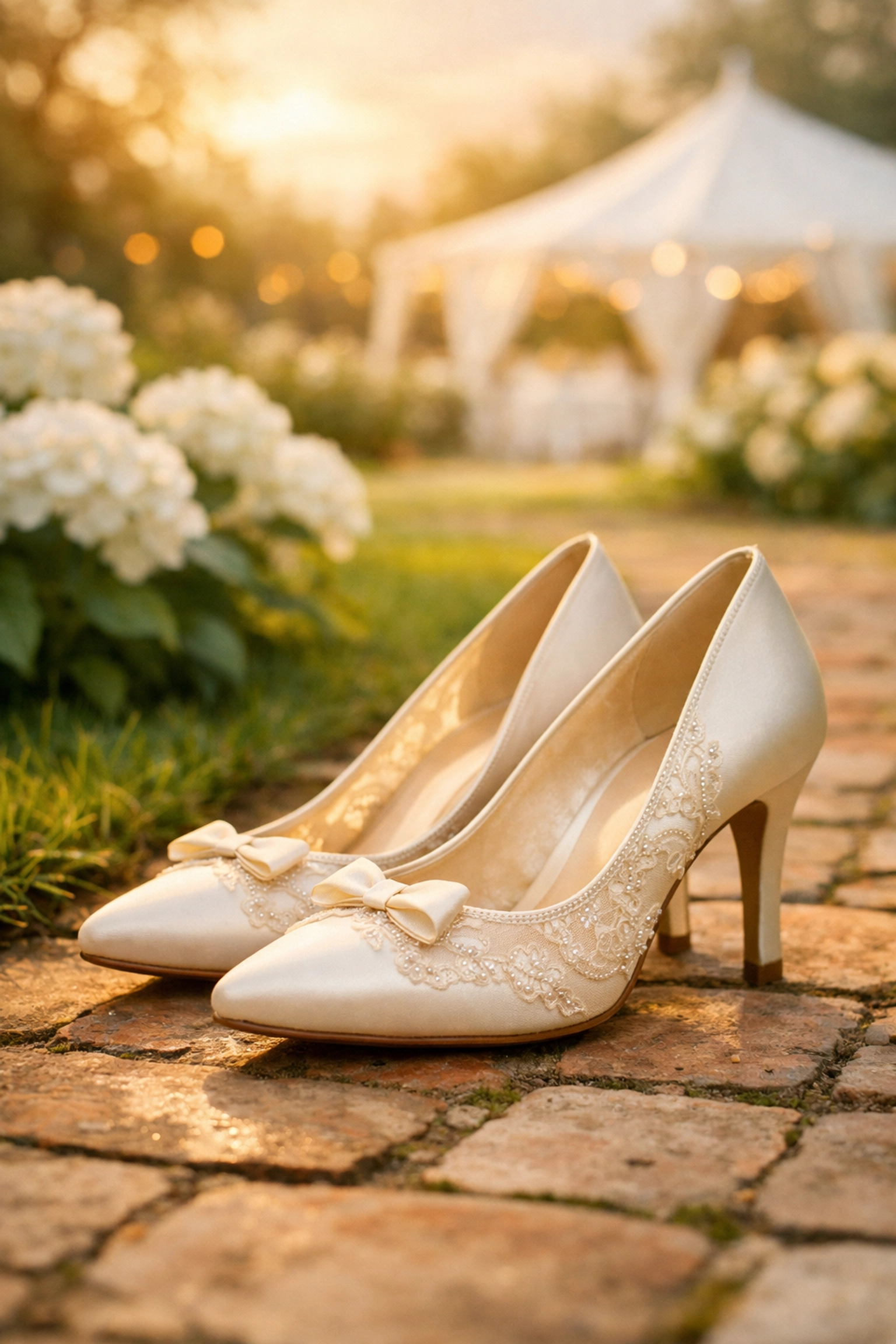 Elegant ivory heels on a brick walkway at an outdoor garden wedding venue, ensuring guest comfort.