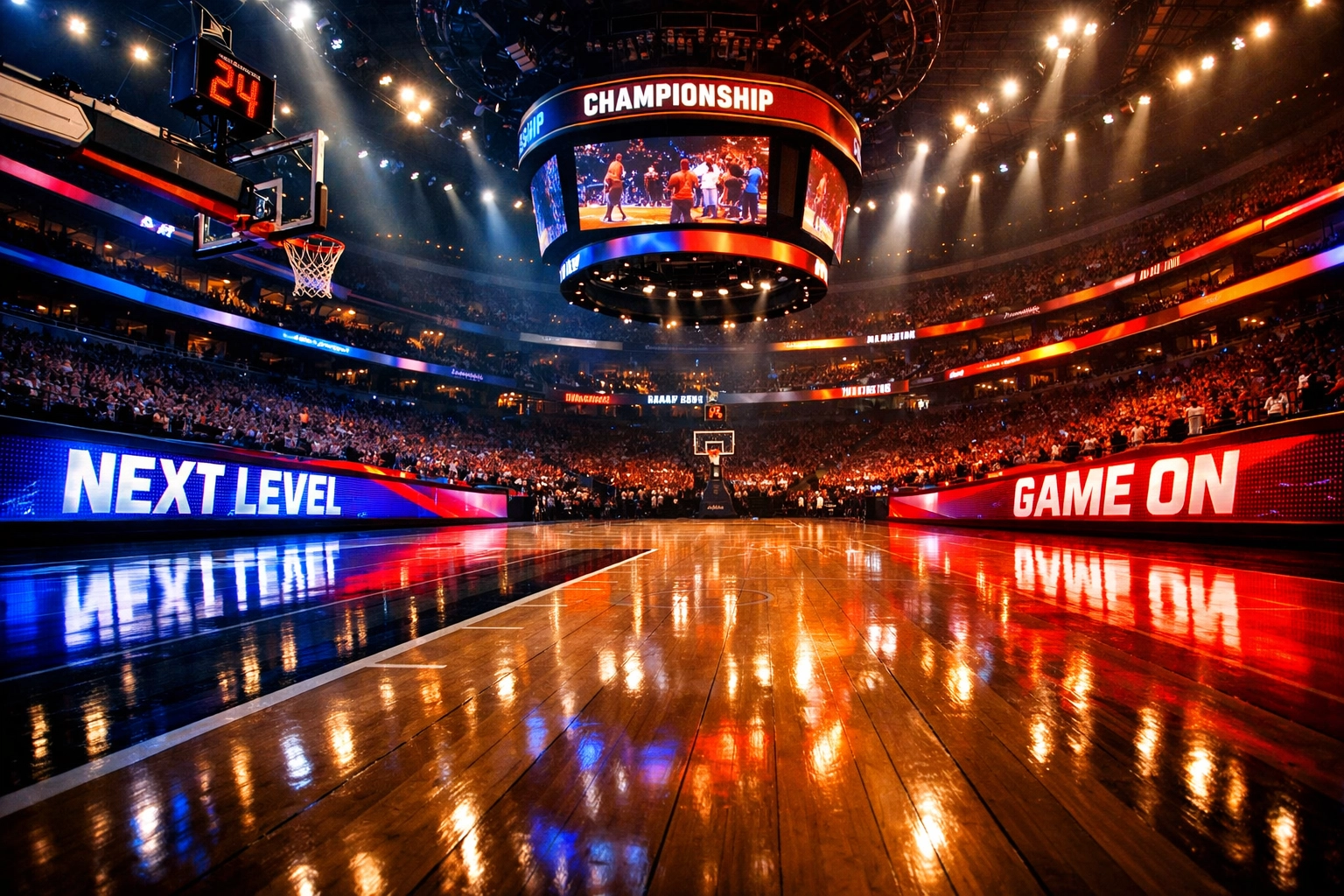 Courtside digital displays in a professional basketball arena, highlighting the power of modern sports DOOH.
