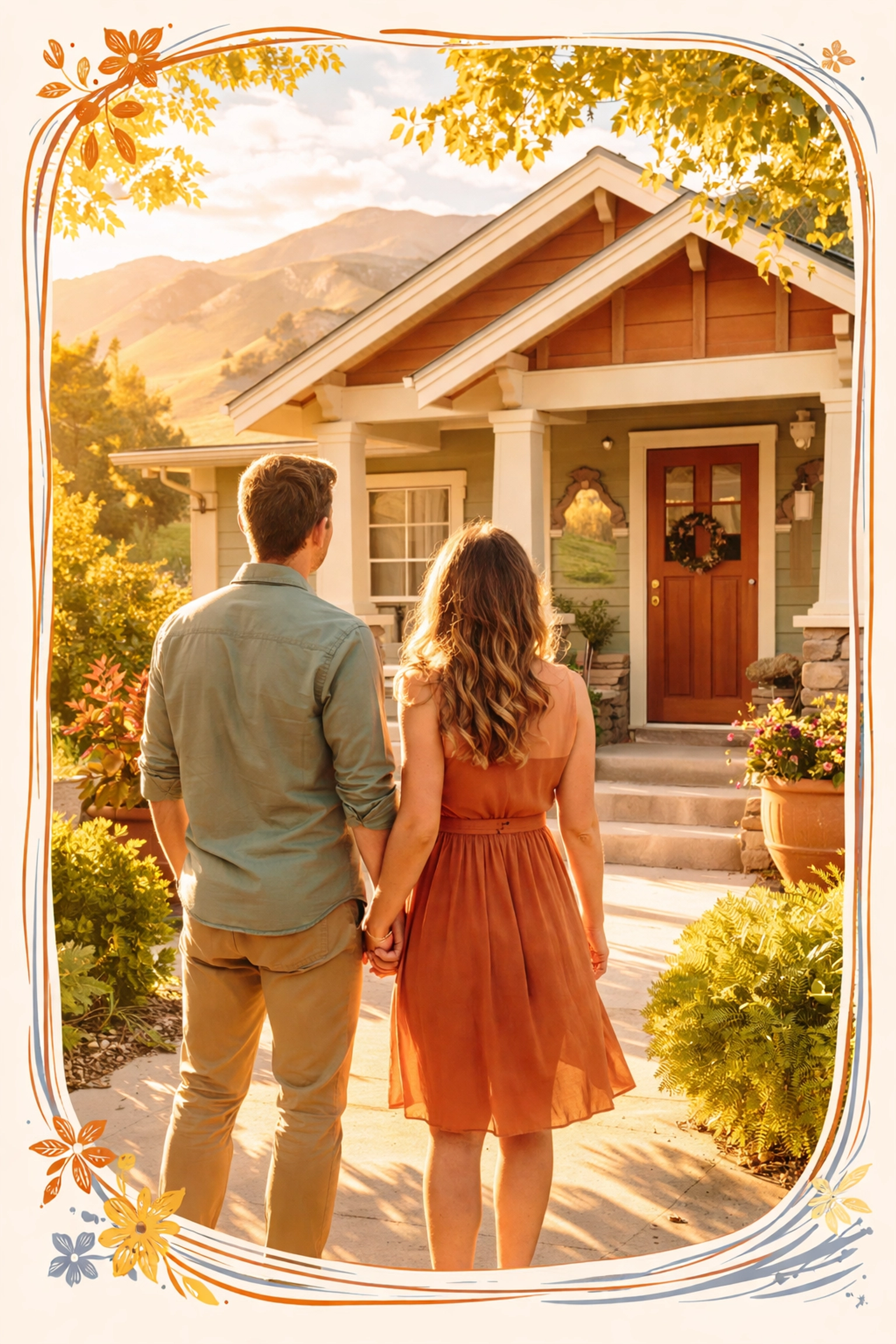 Couple standing on Boise home porch at sunset, feeling confident about their real estate move