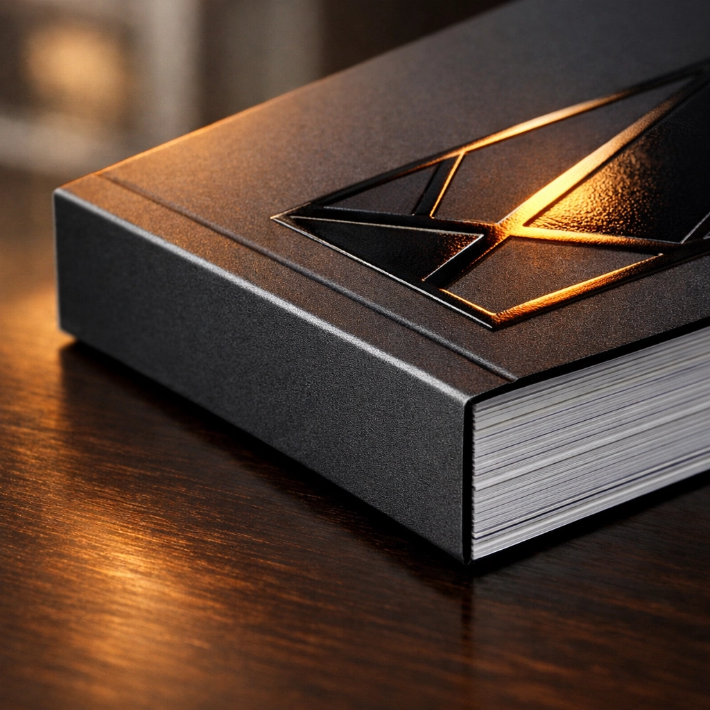 Close-up of a perfect bound softcover book featuring a square spine and premium spot UV finish.