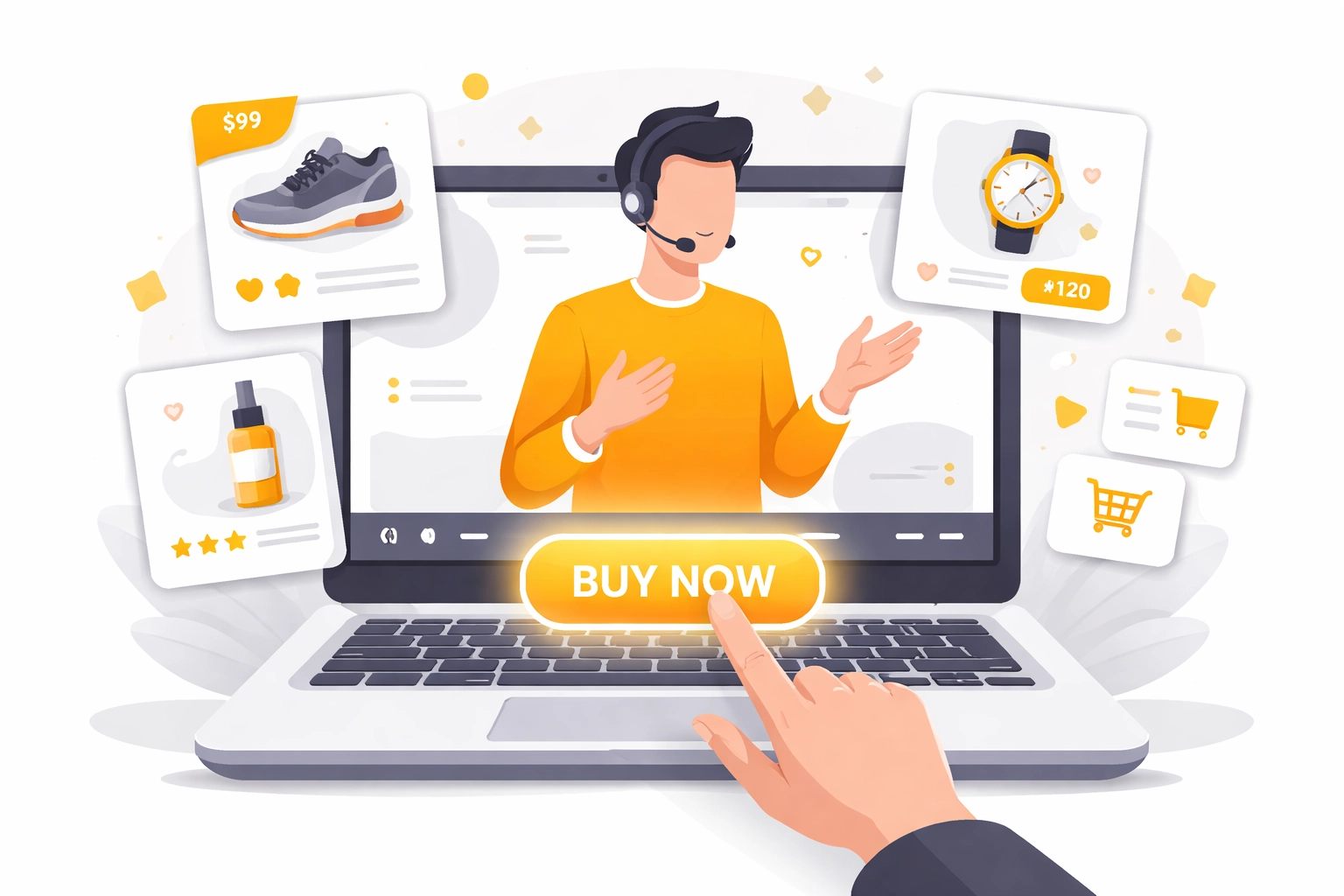 Webinar presenter showcasing shoppable products with interactive buy buttons and live engagement tools