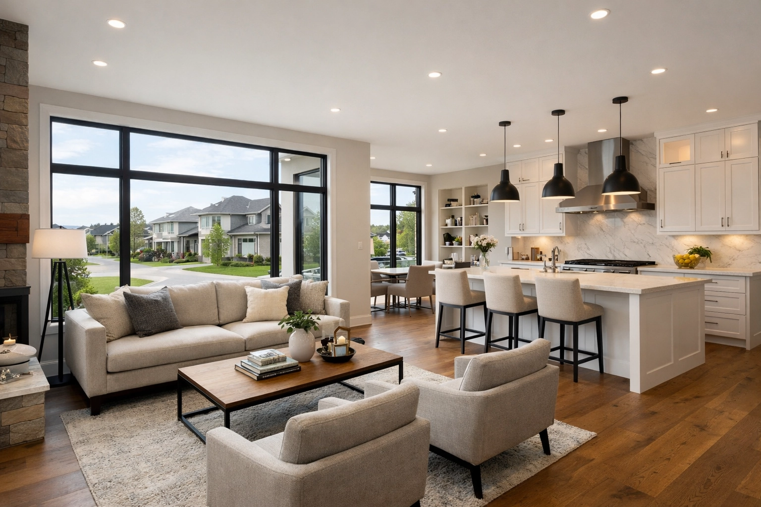 Уютная современная гостиная в новом доме в Иннисфиле с открытой планировкой