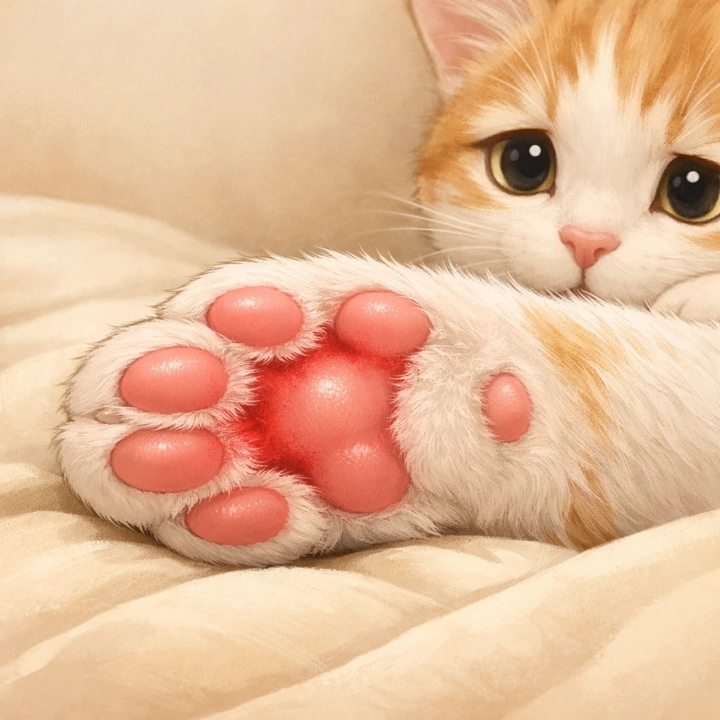 Cat paw showing redness and inflammation from food allergies in cats