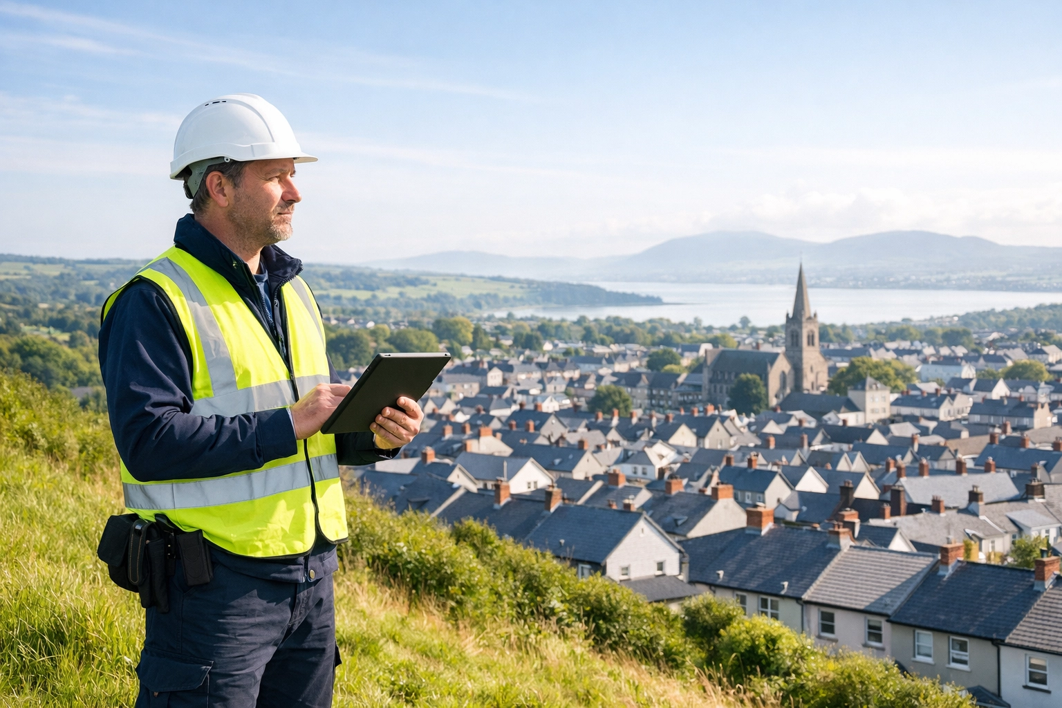 Professional roofing surveyor overlooking a Northern Ireland town during a roof survey roadshow.