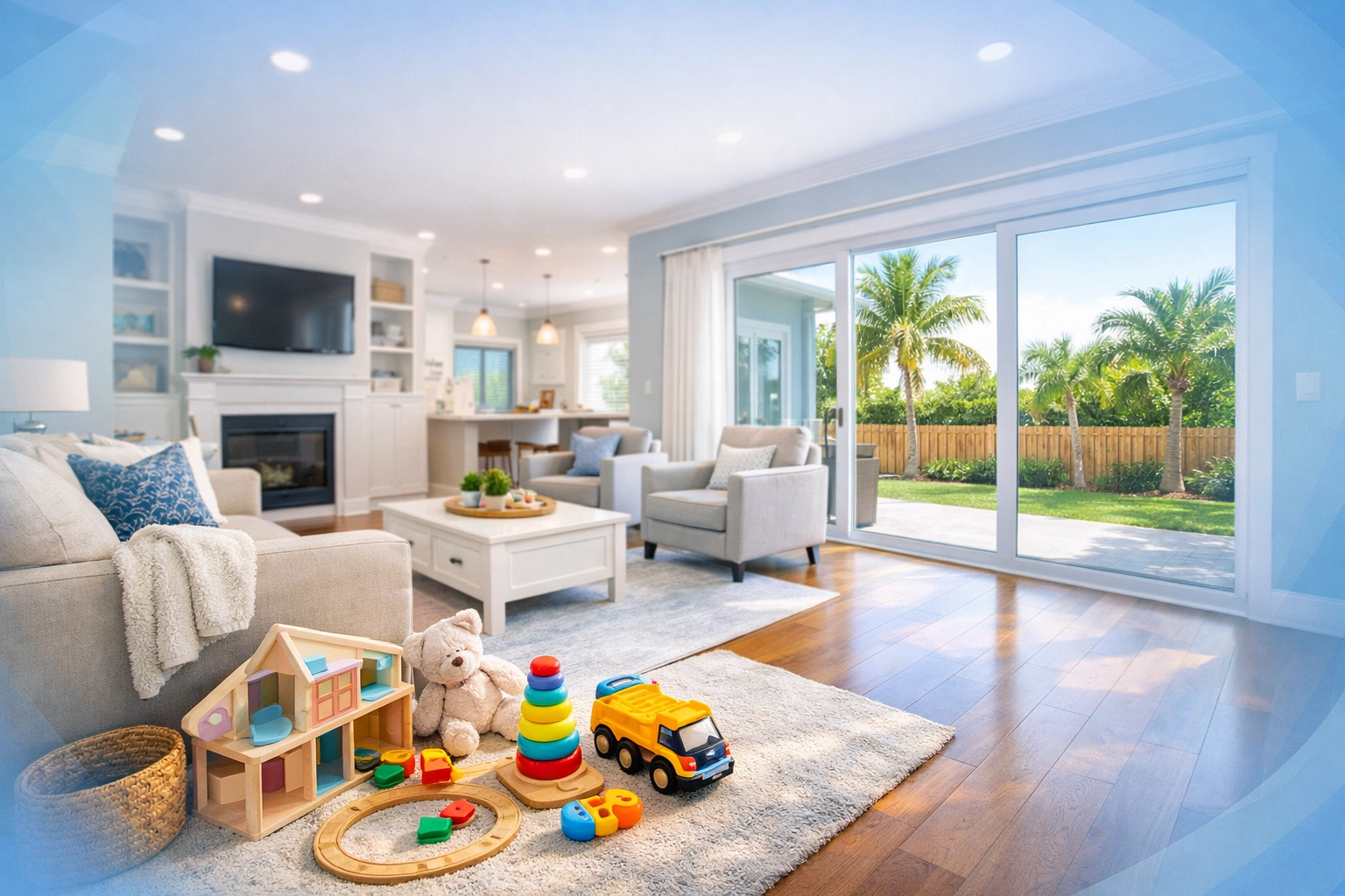 Spacious Lee County family home living room with toys and backyard view for growing families