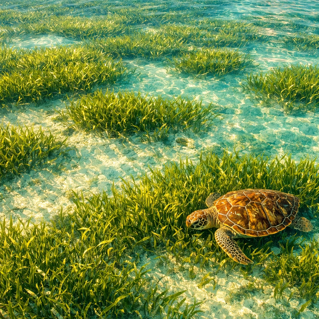 Sea turtle grazing in Florida Keys seagrass meadow viewed from above