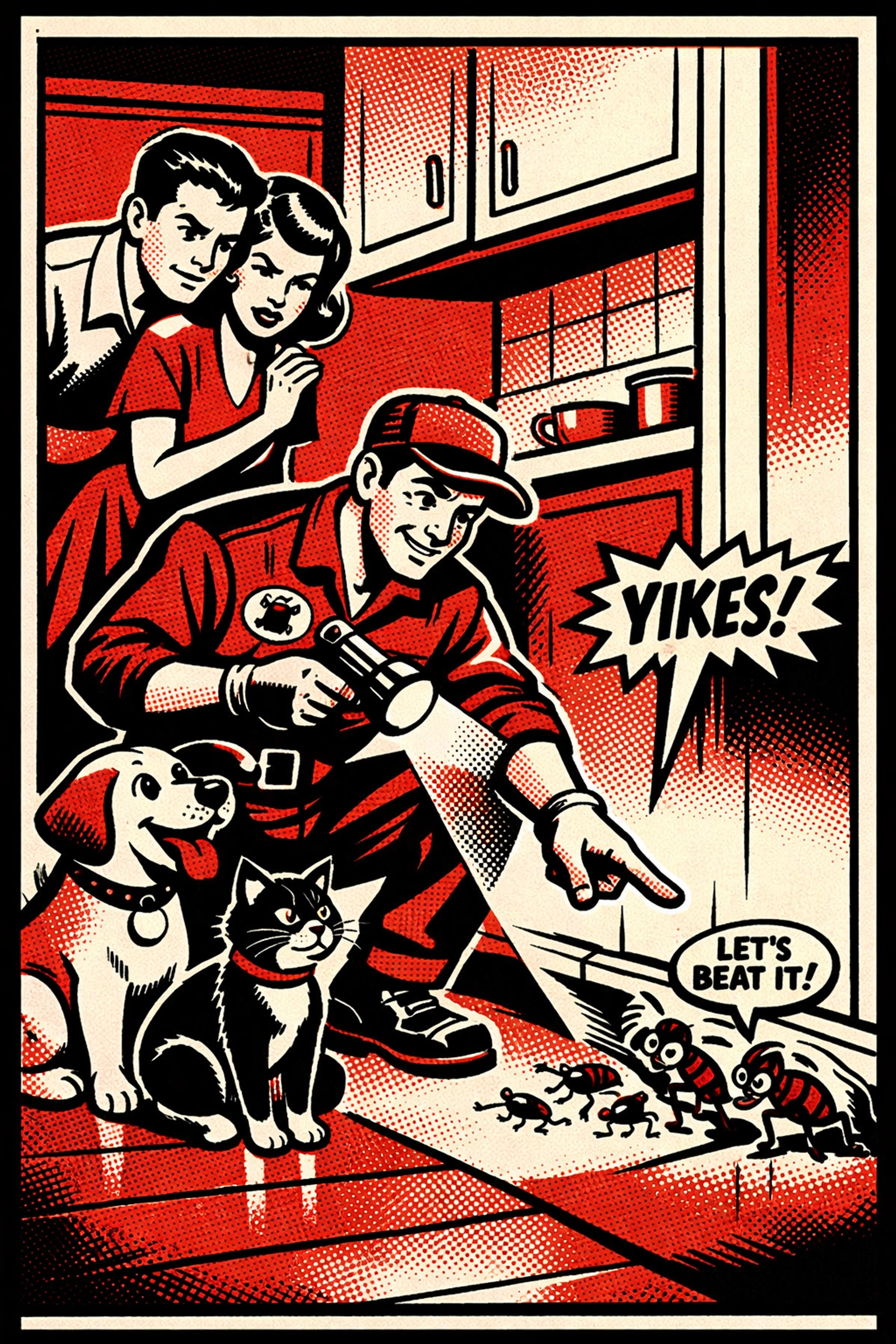 Professional exterminator applying pet-friendly pest control in a Birmingham home kitchen.