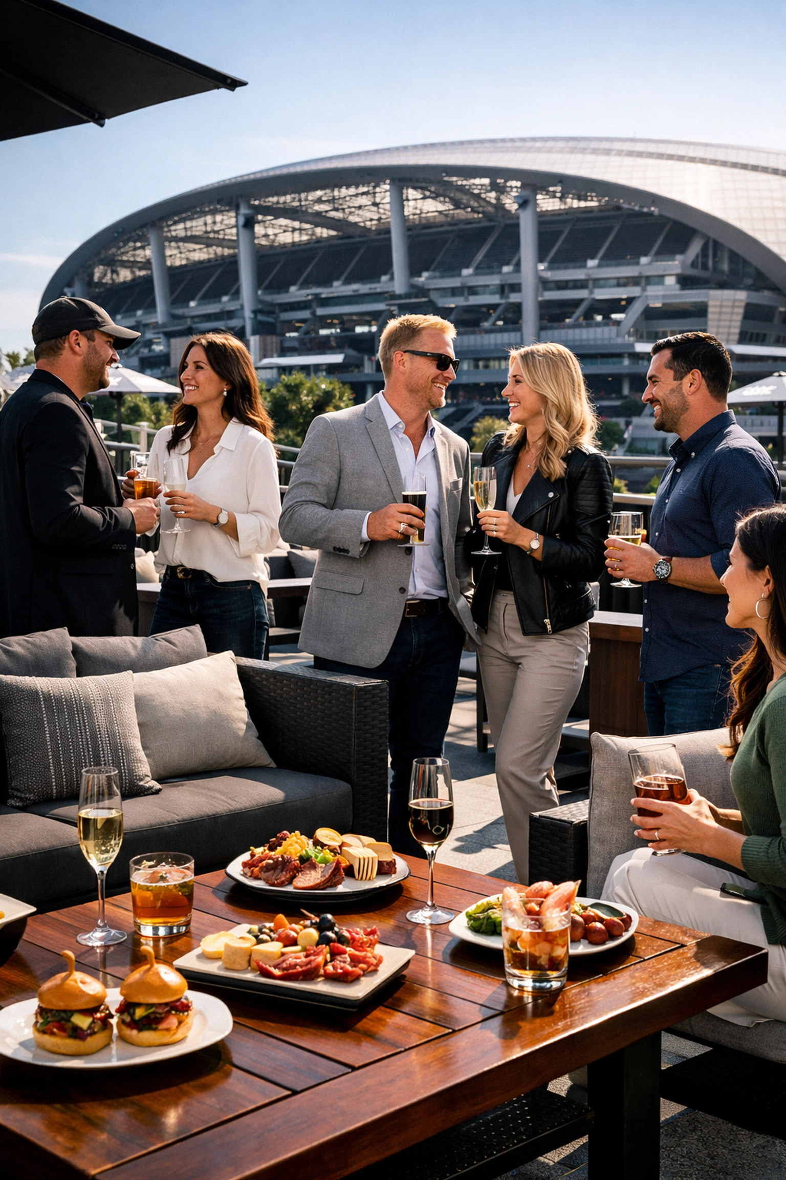 Guests enjoy a luxury premium tailgate lounge with gourmet catering overlooking a modern sports stadium.
