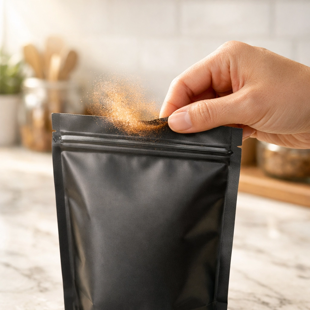 Farm fresh spices being sealed in moisture-locked packaging for guaranteed fresh online delivery.