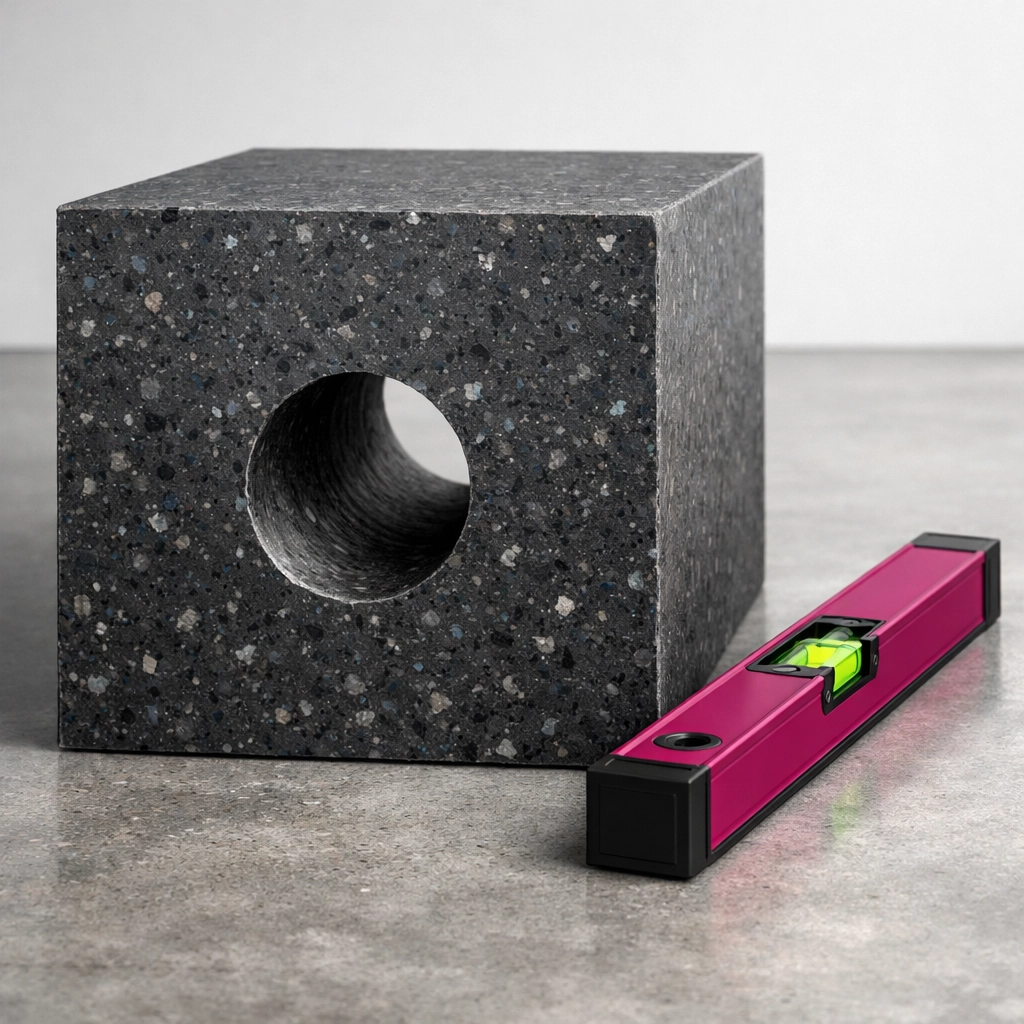 A solid recycled plastic block with a precision drilled hole showing material density and workability.