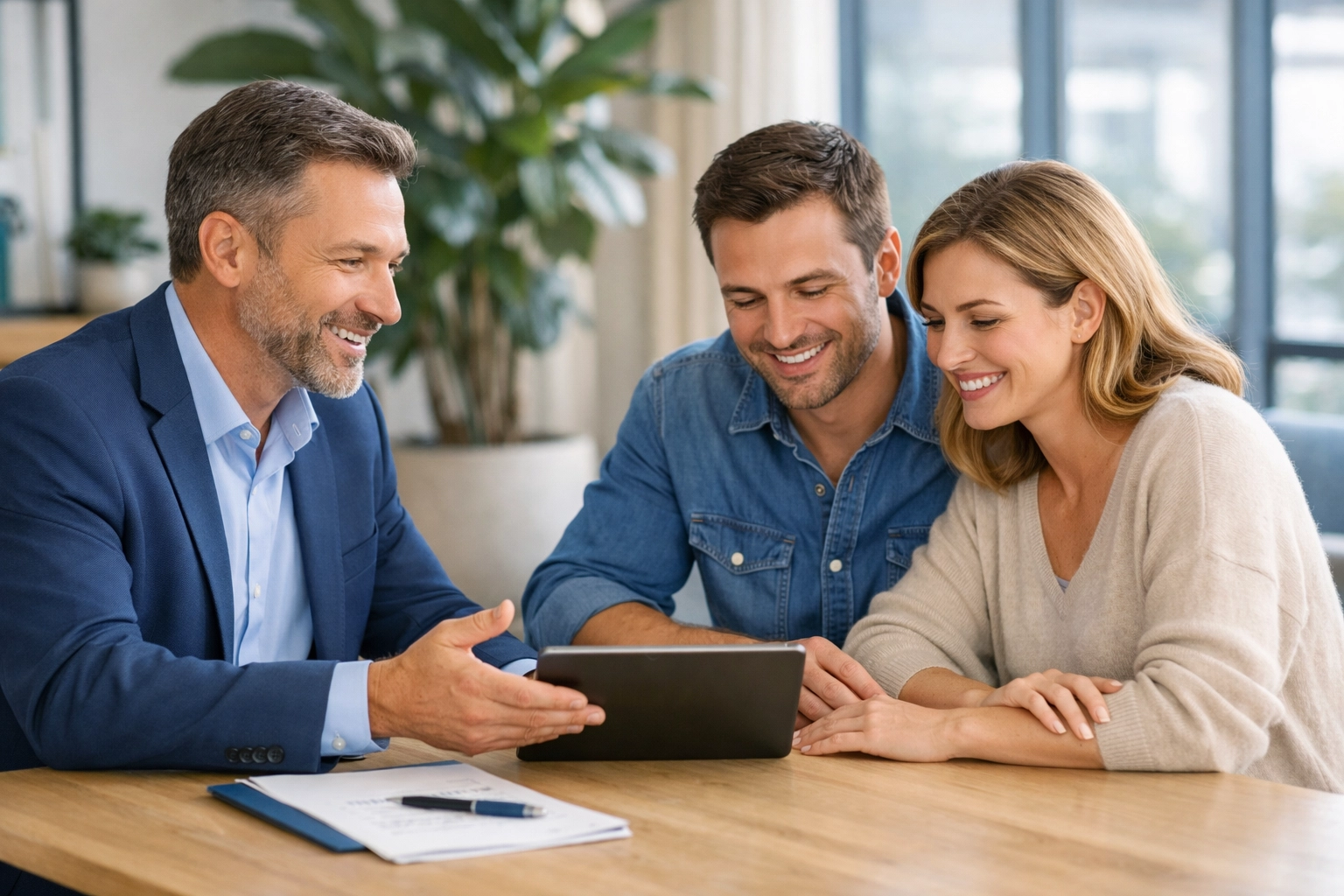 Professional mortgage advisor in Woking helping a couple find the best remortgage rates.