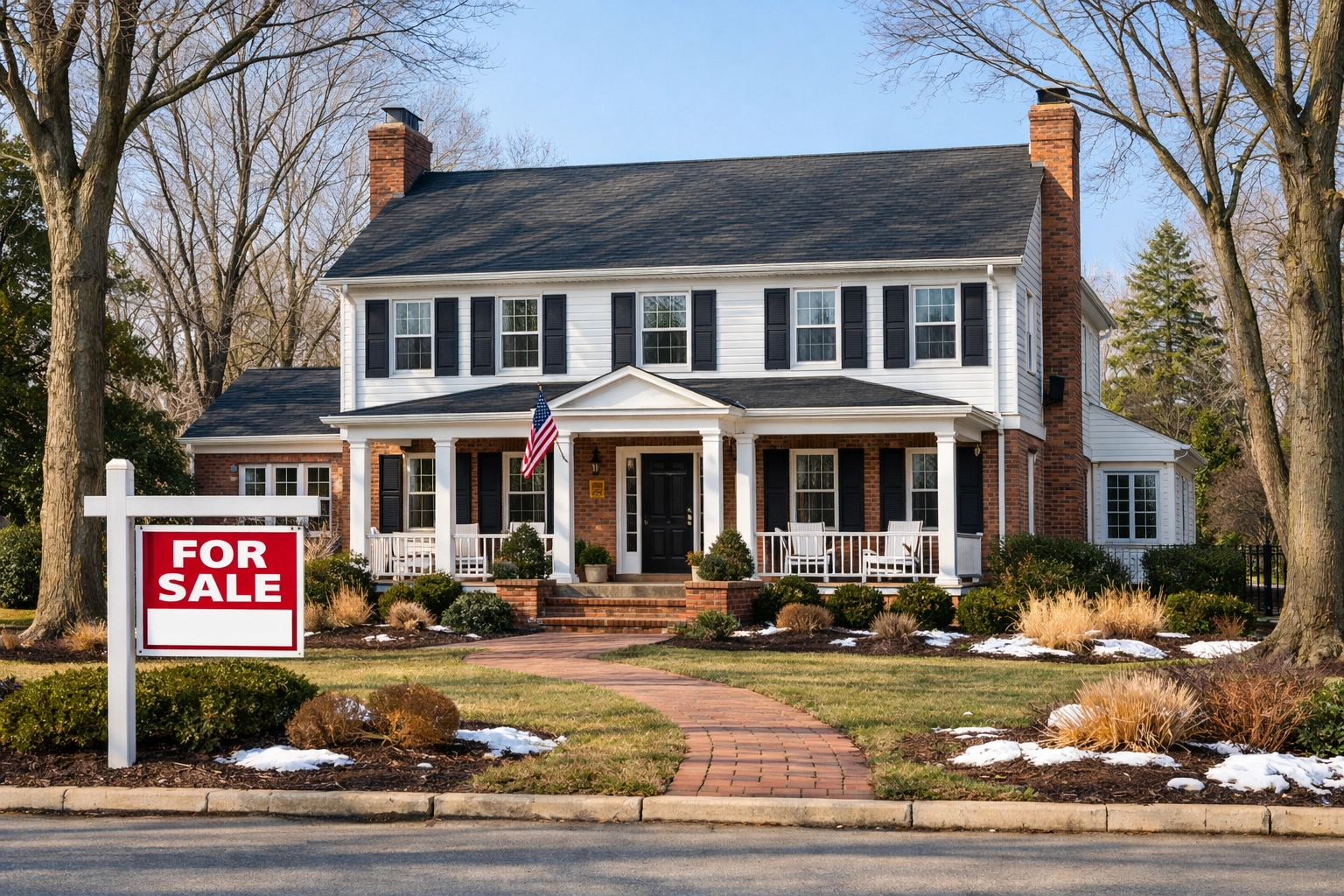 Moorestown NJ colonial home for sale with mature trees and manicured landscaping