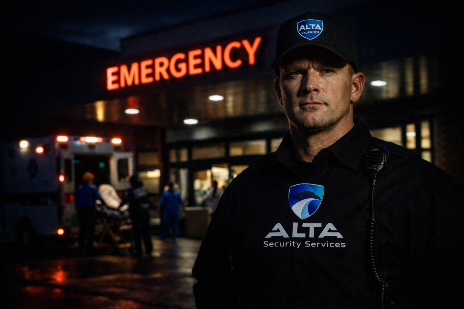 Hospital security officer monitoring emergency department entrance during 24/7 shift