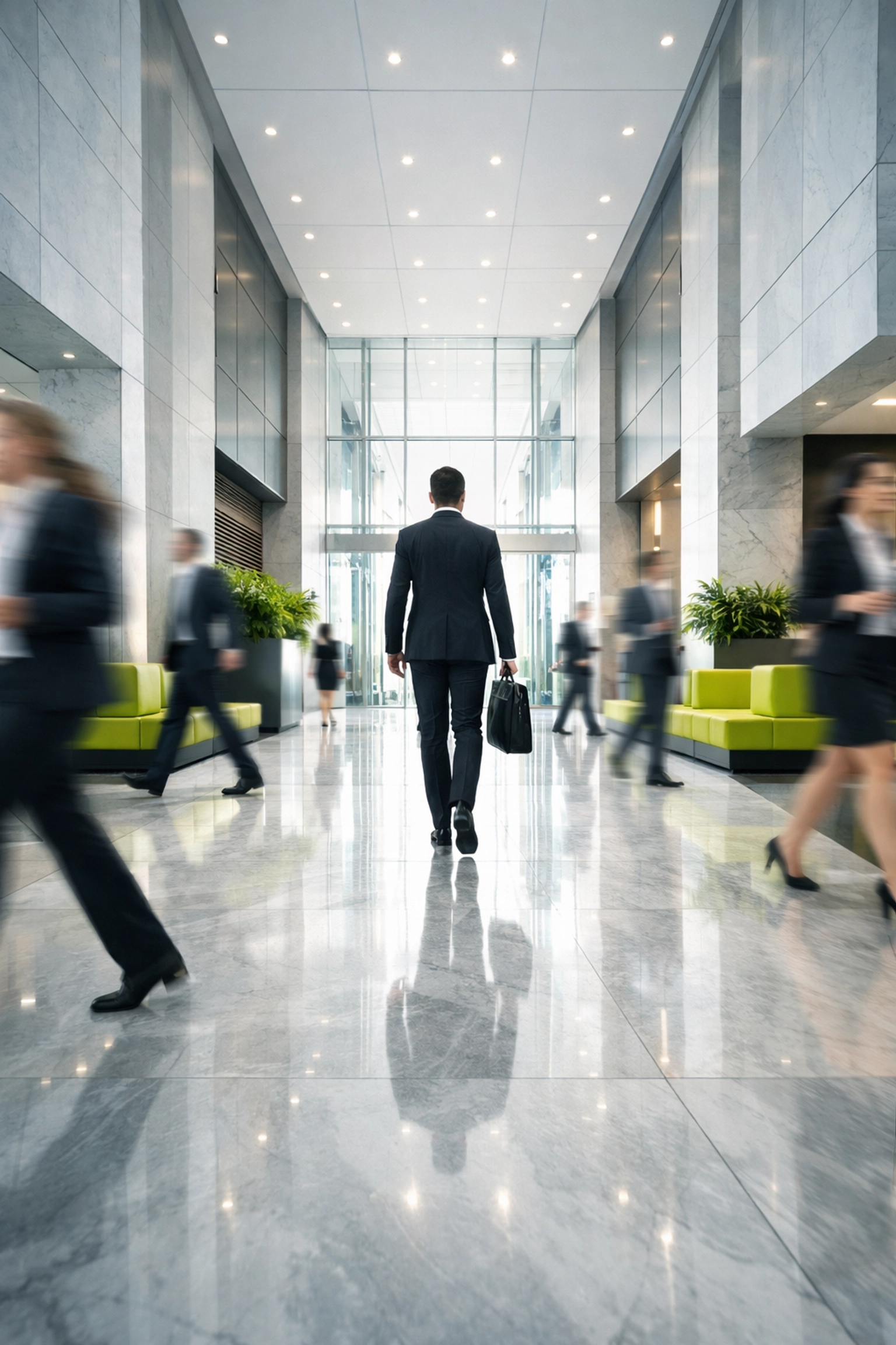A successful professional walking through a modern corporate lobby after landing a job interview.