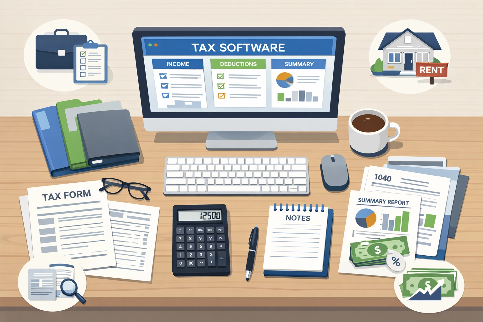 Professional tax preparer's organized desk with documents and tax preparation software