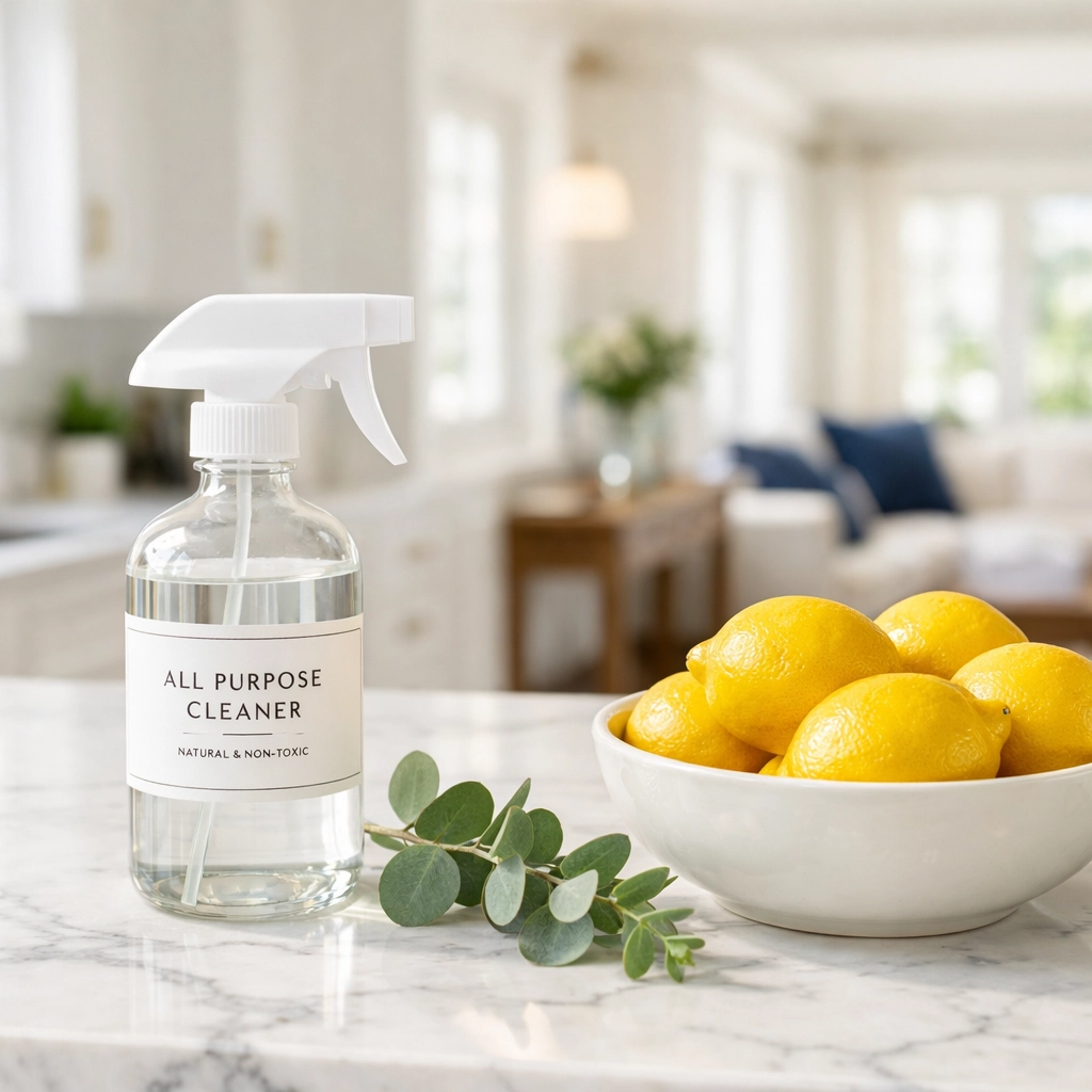 Eco-friendly luxury house cleaning in Beverly using non-toxic products in a modern marble kitchen.