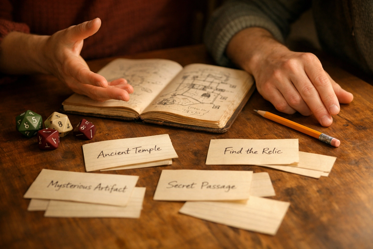Hands collaborating over notes and dice during tabletop teaching session
