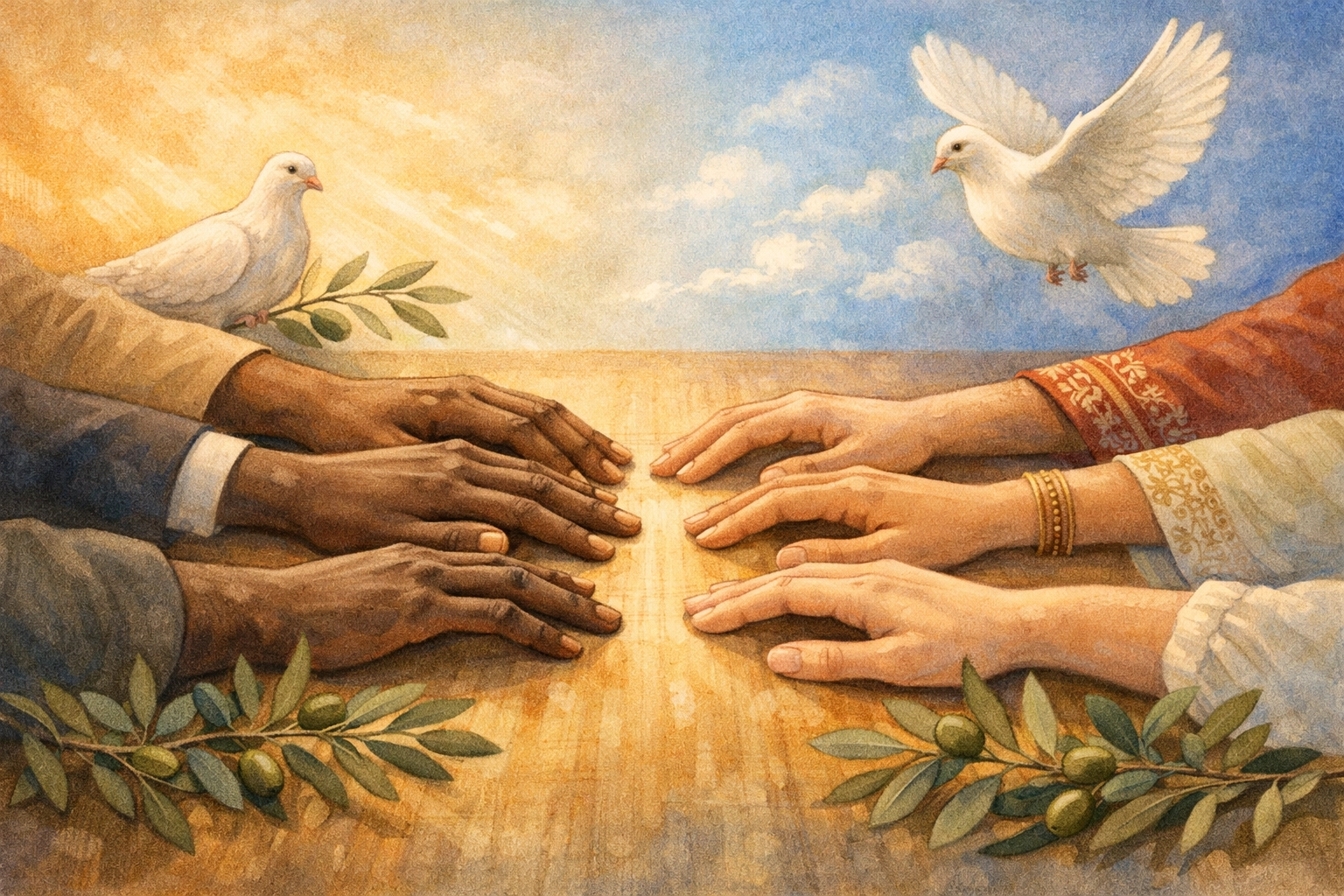 Diverse hands reaching together representing unity, peace, and compassionate response to crisis
