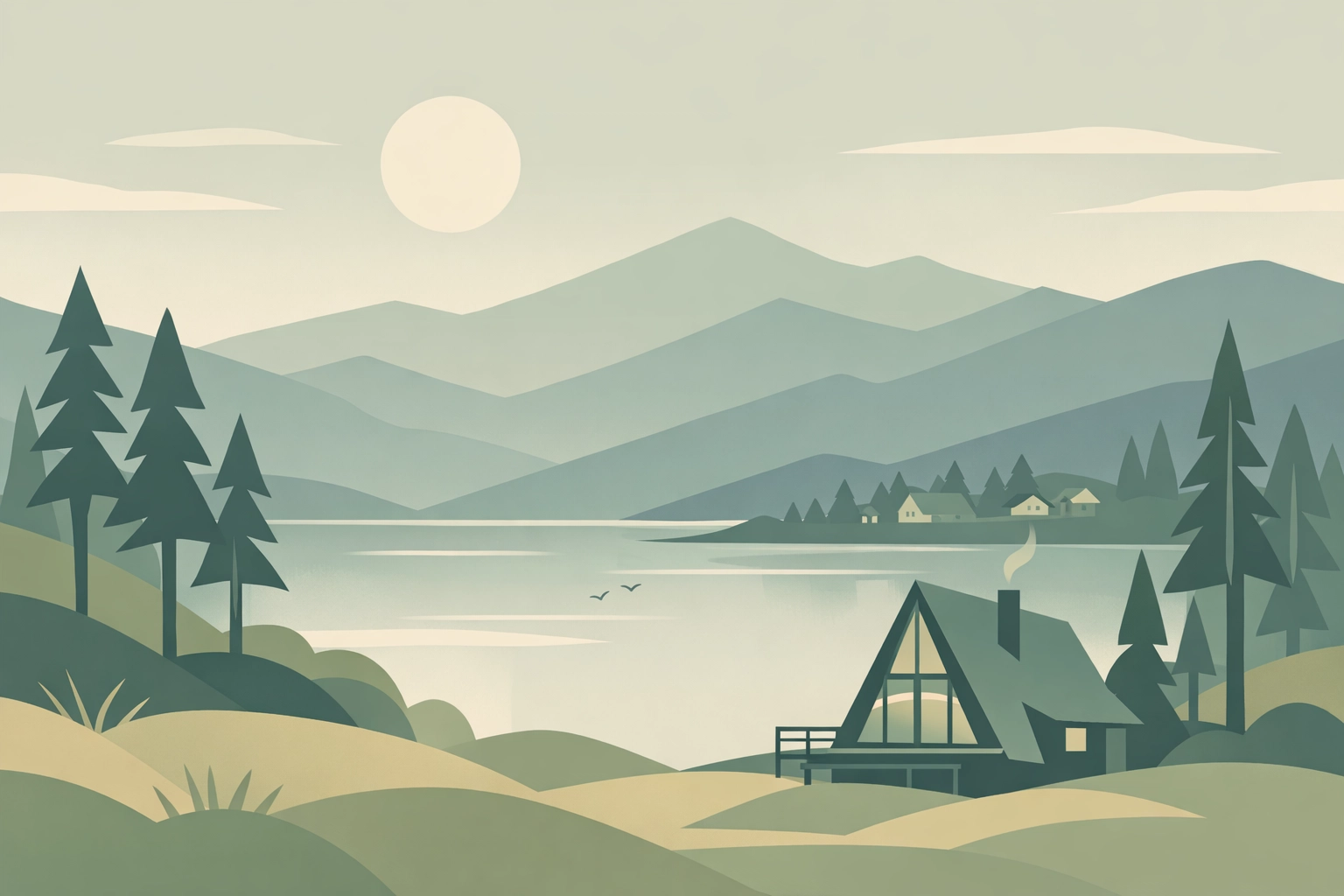 Minimalist illustration of North Idaho real estate with a house near a mountain lake.