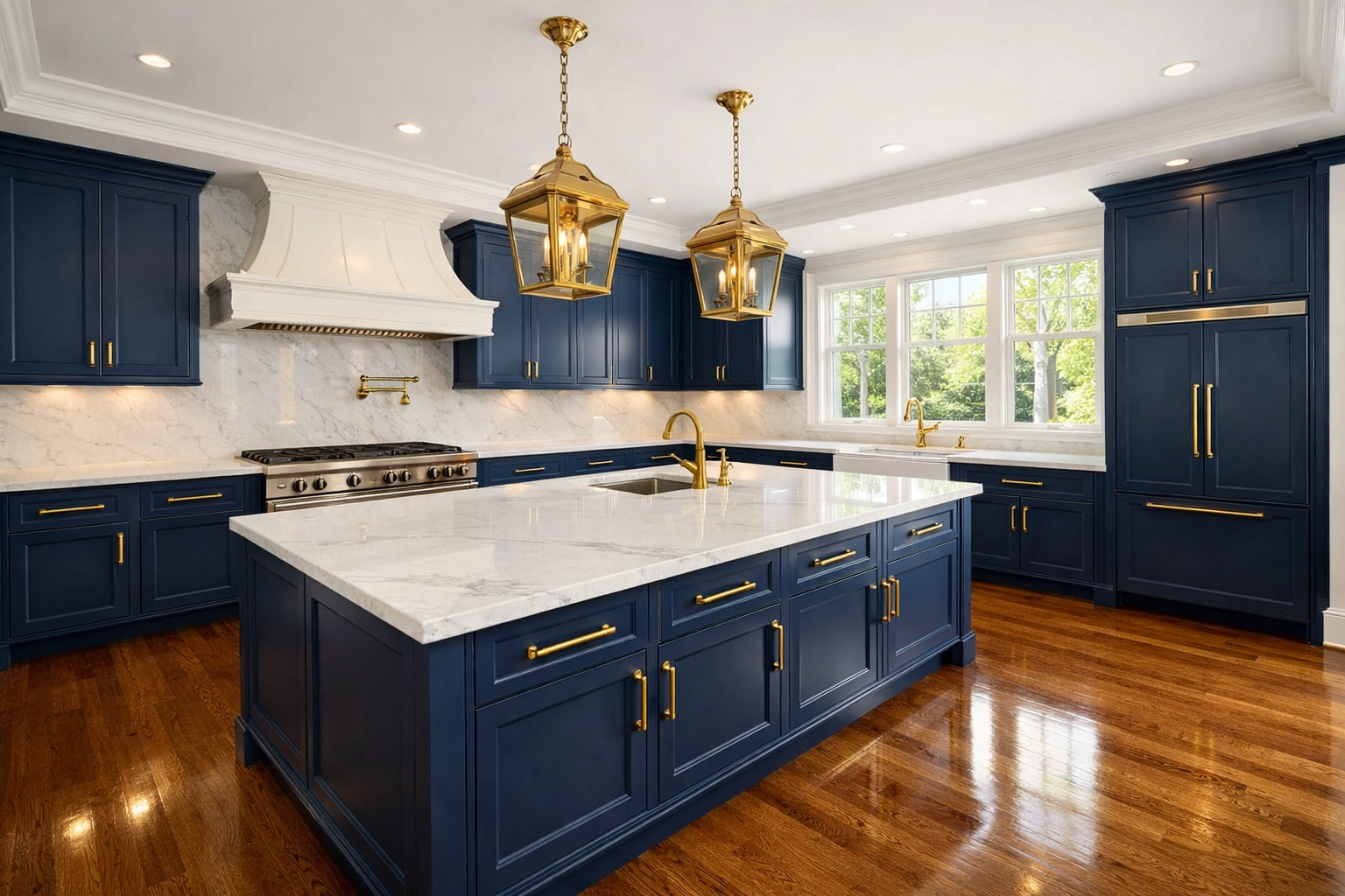 A spotless, empty luxury kitchen in a Wellesley estate, perfectly prepared by move-in cleaning services.
