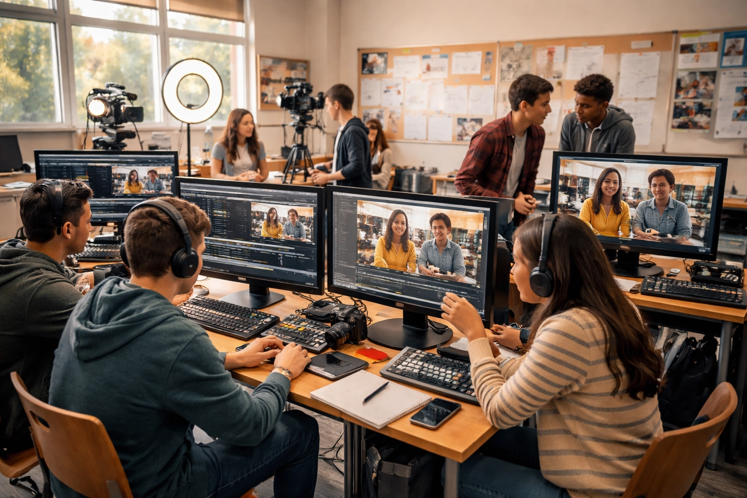 High school students collaborate in a media production studio, editing digital sports content and learning modern marketing skills.