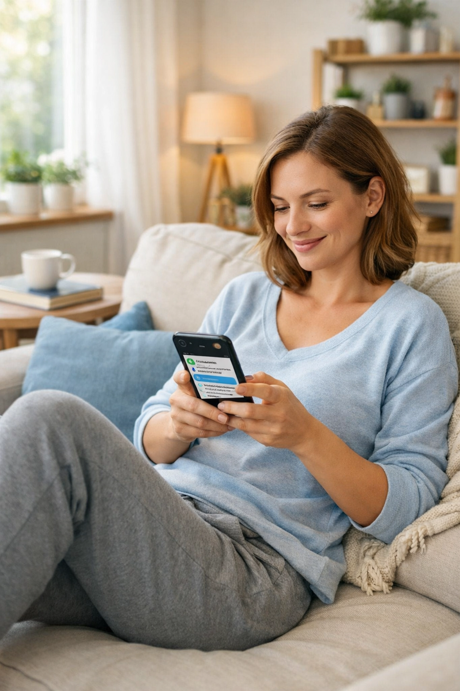 Woman using smartphone for online urgent care text consultation at home