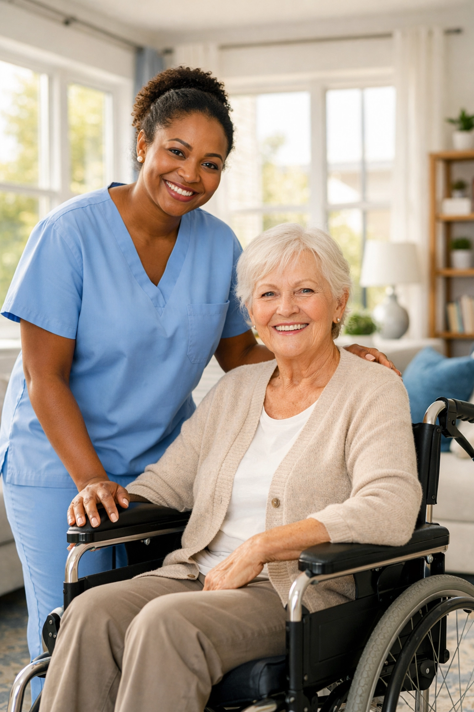 Professional home caregiver assisting a senior woman in a wheelchair in a bright living room.