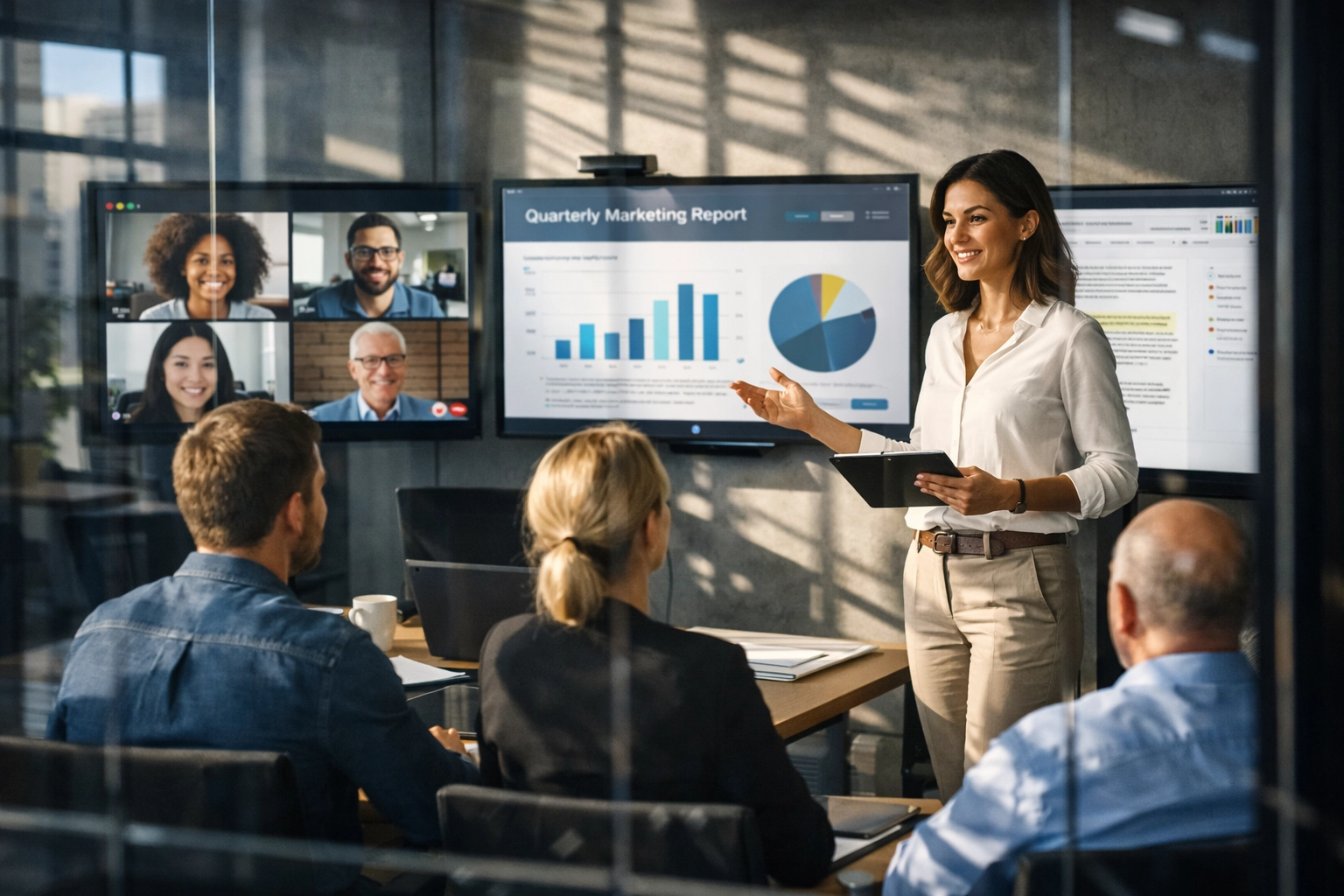 Business professional presenting to team using multiple communication platforms in modern conference room