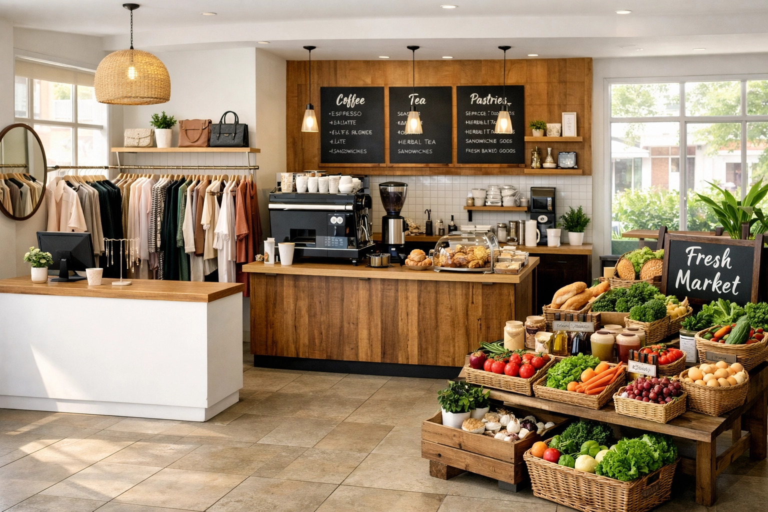 Different retail business types including clothing boutique, cafe, and market stall needing specific POS systems