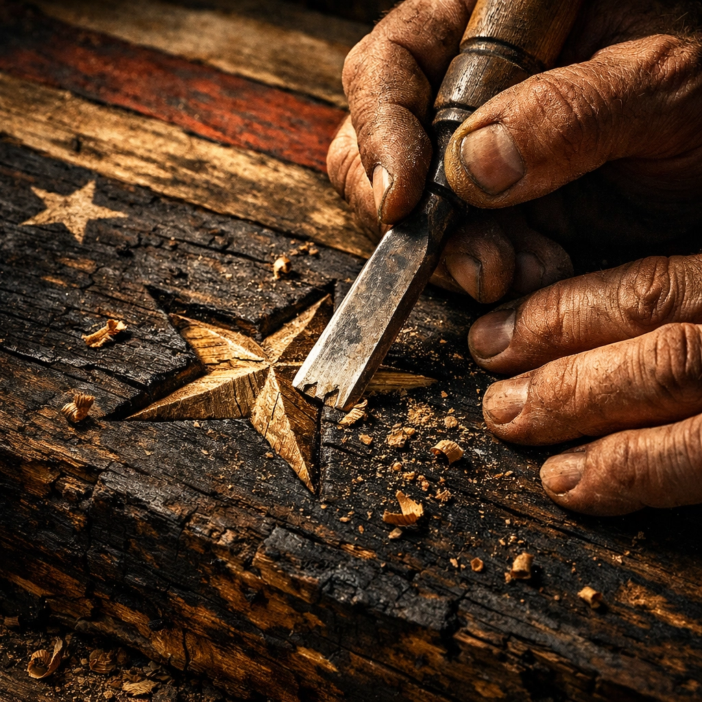 Artisan carving stars by hand into a handcrafted wooden American flag for patriotic decor.
