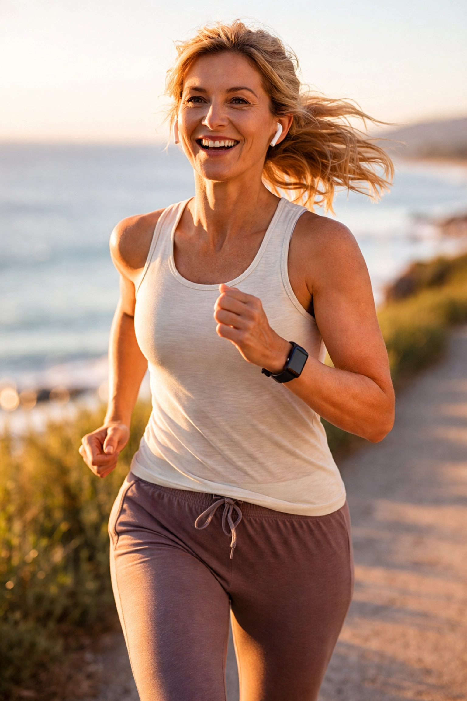 Middle-aged woman jogging by the sea, illustrating renewed energy from hormone replacement therapy