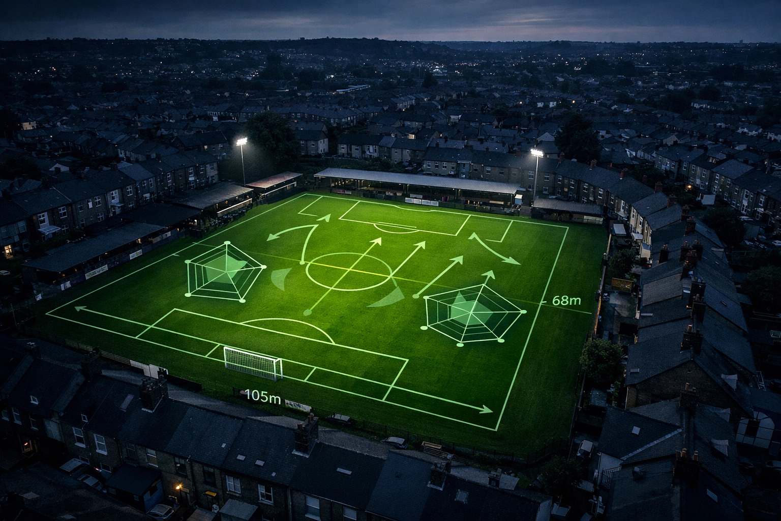 Aerial view of a traditional lower league football ground with tactical data overlays for BTTS value.