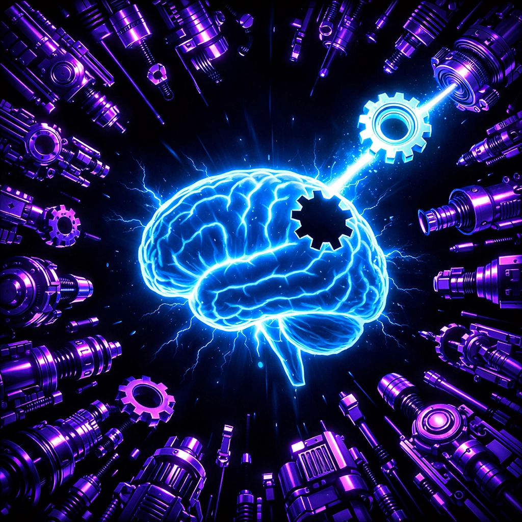 A glowing digital brain selecting a specific gear to represent strategic focus in AI automation.