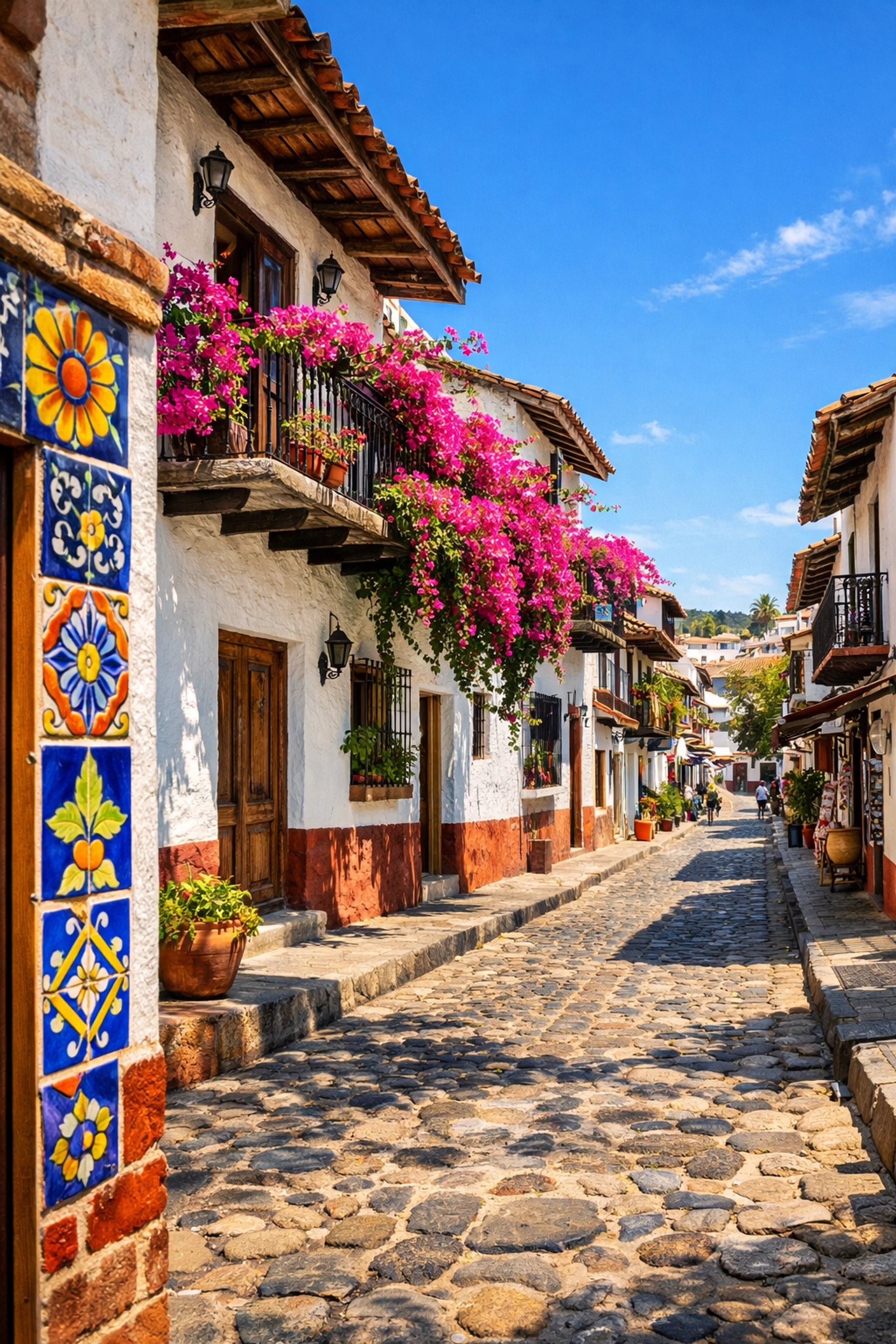 Sun-drenched cobblestone street in Old Town Puerto Vallarta featuring traditional apartments for remote workers.