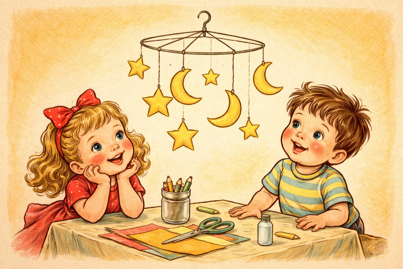 Two children gaze with wonder at a wire hanger mobile spinning above their table, creating a magical DIY moment.
